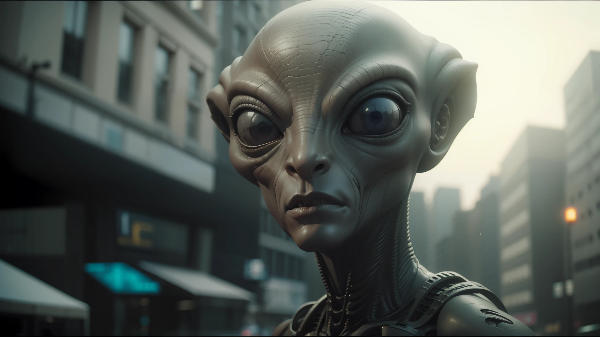 alien looking at camera in urban setting with buildings in background, cinematic studio shot, cinematic stillframe, photorealistic skin texture, photo taken in 2018, sectoid, movie screenshot, realistic creature concept, by Jerry Eisenberg, in-game cinematic, gray alien --auto --s2