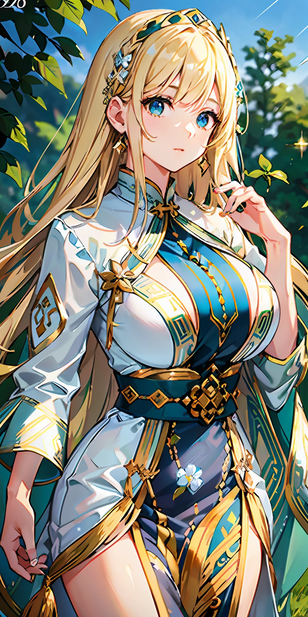 ((background meadow and blue sky)), hairstyle long straight, hair length to waist, no hair ornaments, (((glittering blonde hair))), eye color is green green, rounded face, ((curious look)), big breasts: 0.75, chubby: 0.75, white cheongsam style, ((white fantasy robe)), gold decorations are attached to clothes,