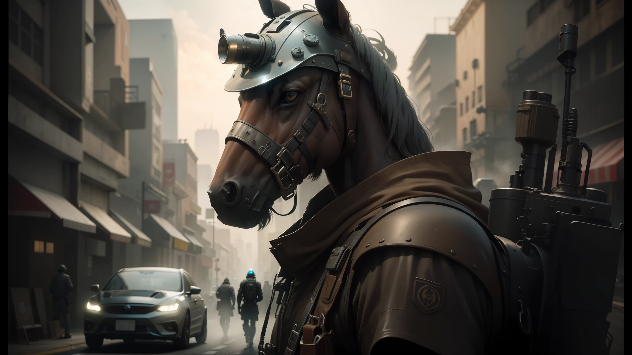 there is a horse wearing a helmet and a gun in the street, 2 0 2 1 cinematic 4 k framegrab, ironpunk, smog, istvan sandorfi, ecopunk, netflix animation, intricate steampunk imagery, stunningly realistic, inspired by Jóhannes Sveinsson Kjarval, the artist has used bright, magical realist, dystopic --auto --s2