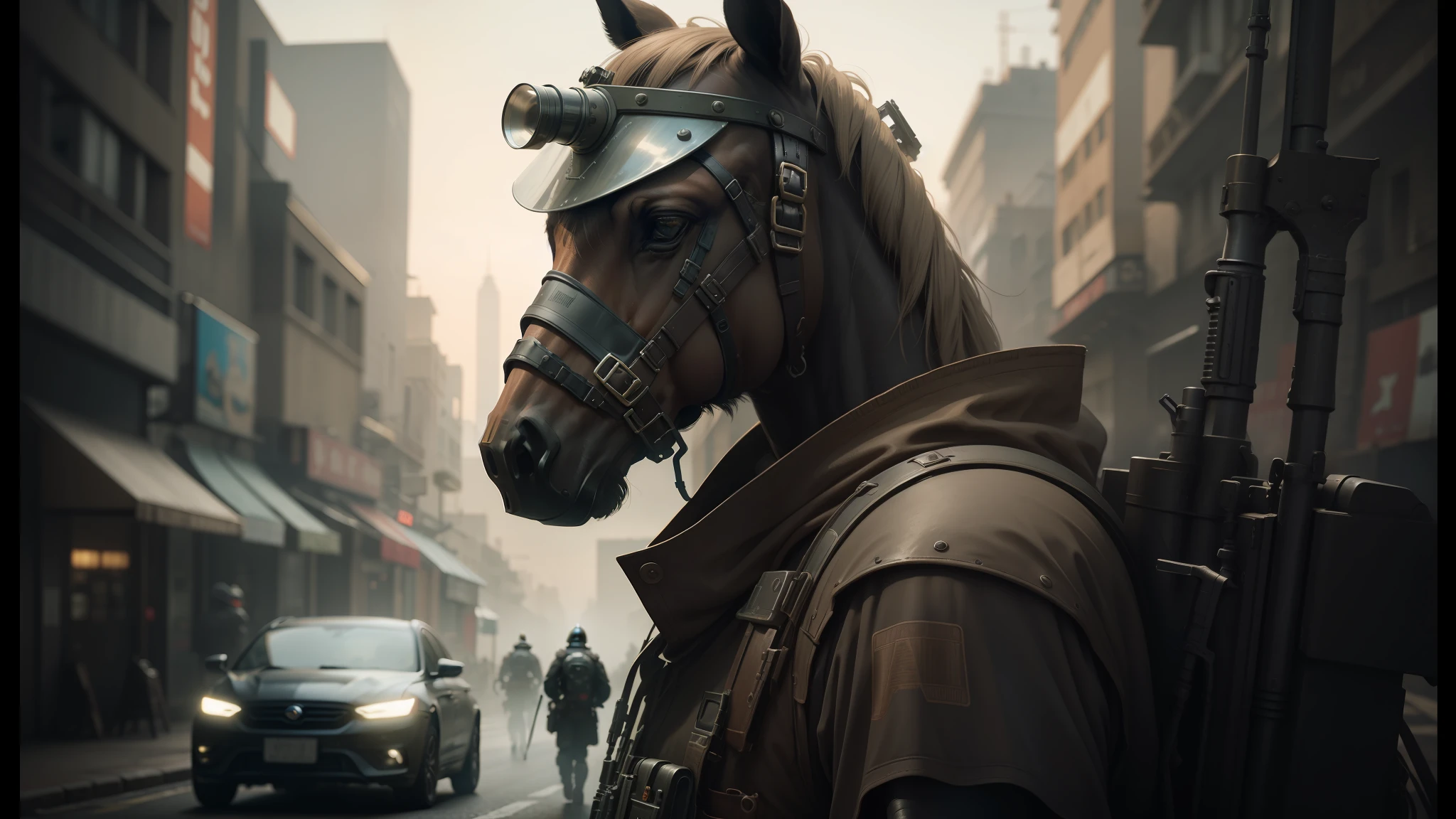 there is a horse wearing a helmet and a gun in the street, 2 0 2 1 cinematic 4 k framegrab, ironpunk, smog, istvan sandorfi, ecopunk, netflix animation, intricate steampunk imagery, stunningly realistic, inspired by Jóhannes Sveinsson Kjarval, the artist has used bright, magical realist, dystopic --auto --s2