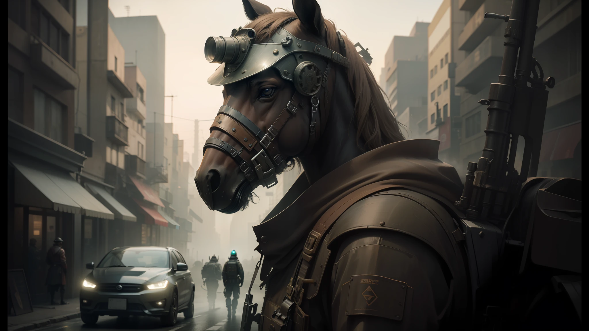 there is a horse wearing a helmet and a gun in the street, 2 0 2 1 cinematic 4 k framegrab, ironpunk, smog, istvan sandorfi, ecopunk, netflix animation, intricate steampunk imagery, stunningly realistic, inspired by Jóhannes Sveinsson Kjarval, the artist has used bright, magical realist, dystopic --auto --s2