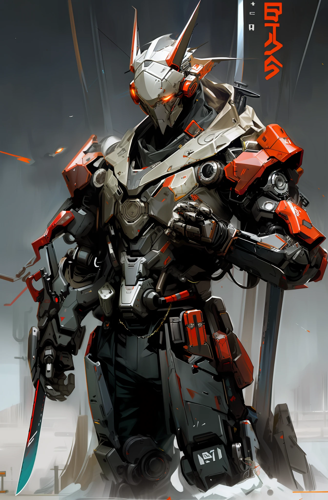 Dark_Fantasy,Cyberpunk,(chain saw,chain saw man,Red:1.1),1man,Mechanical marvel,Robotic presence,Cybernetic guardian,