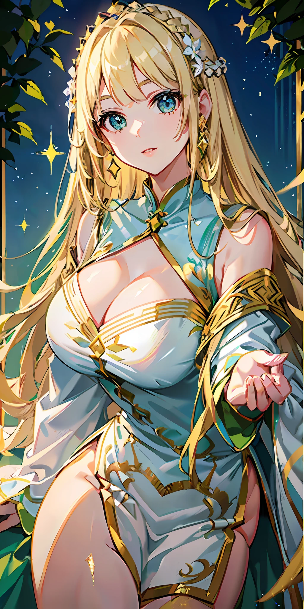 ((background meadow and blue sky)), hairstyle long straight, hair to waist length, no hair ornaments, ((((glittering blonde hair)))), eye color is green green, rounded face, (((bright expression)), big breasts: 0.80, chubby: 0.85, white cheongsam style, ((white fantasy robe)), gold decorations are attached to clothes,