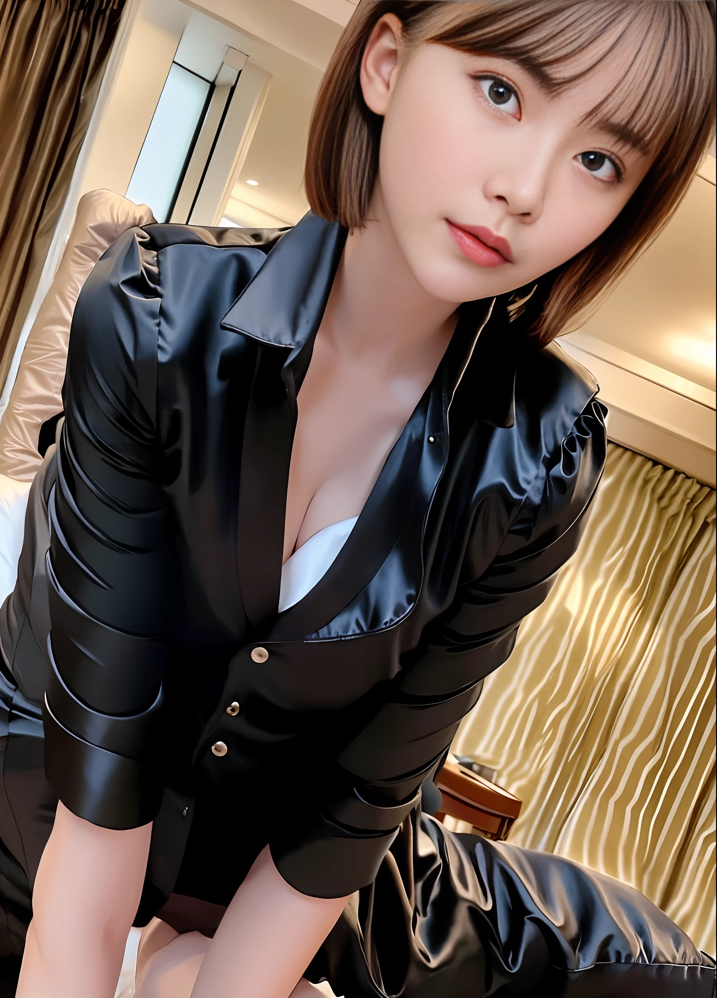 top quality, high resolution, ultra-detailed, wear a satin wrench coat, the material of the satin wrench coat and satin blouse is shiny, soft and smooth to the touch, the buttons of the satin wrench coat are large, the buttons in front of the satin wrench coat are fastened, and the underwear is not worn, the collar of the satin blouse must be taken out of the satin wrench coat, Body-fitting satin blouse, chest is C cup, Japan fashion model, wearing a shirt, wearing a coat, one beauty, the place is a hotel bedroom, the eyes are clear double, Wet lips and appeal, the subject is one,