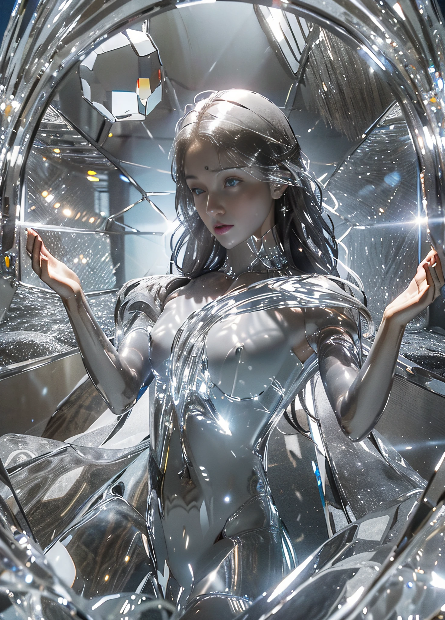 (((translucent, reflective, glass sculpture))), full shot body photo, illustration, cinematic light, fantasy, highest quality, best quality, masterpiece, (face fine), crystal body, sexy platinum dress, sparkling sandy beach, floating embers, golden hair jewelry, golden light reflecting moonlight, (focus on body: 1.25), clear blue sky, desert and sea background, Long curly hair, white-gold eyes release magical energy, dark reflection, light reflection --s2
