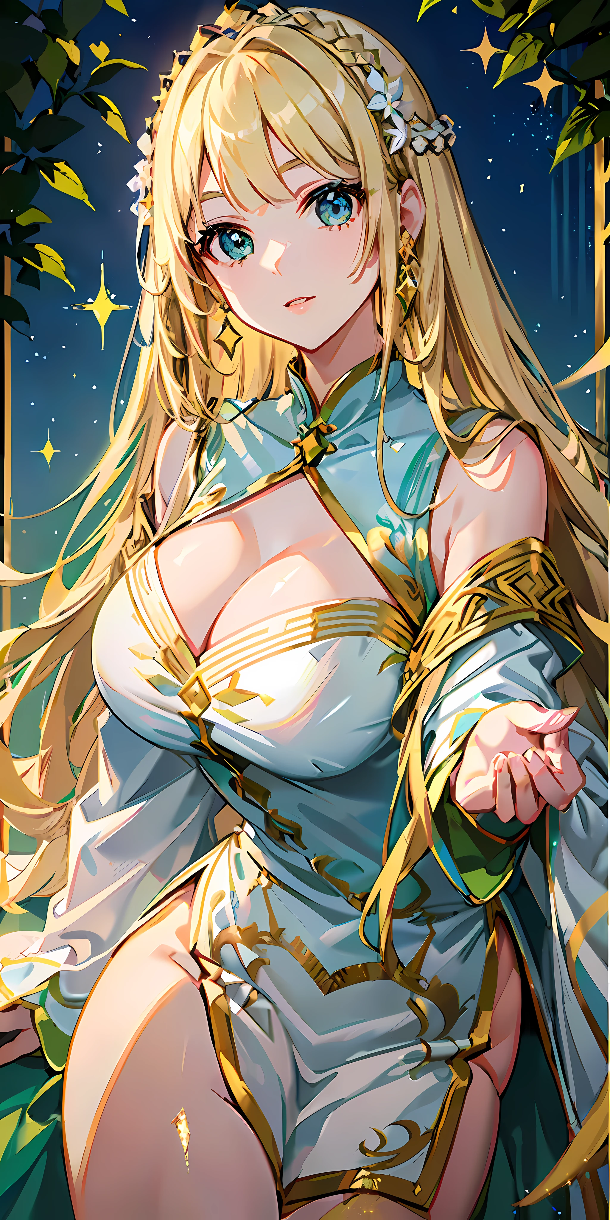 ((background meadow and blue sky)), hairstyle long straight, hair to waist length, no hair ornaments, ((((glittering blonde hair)))), eye color is green green, rounded face, (((bright expression)), big breasts: 0.80, chubby: 0.85, white cheongsam style, ((white fantasy robe)), gold decorations are attached to clothes,
