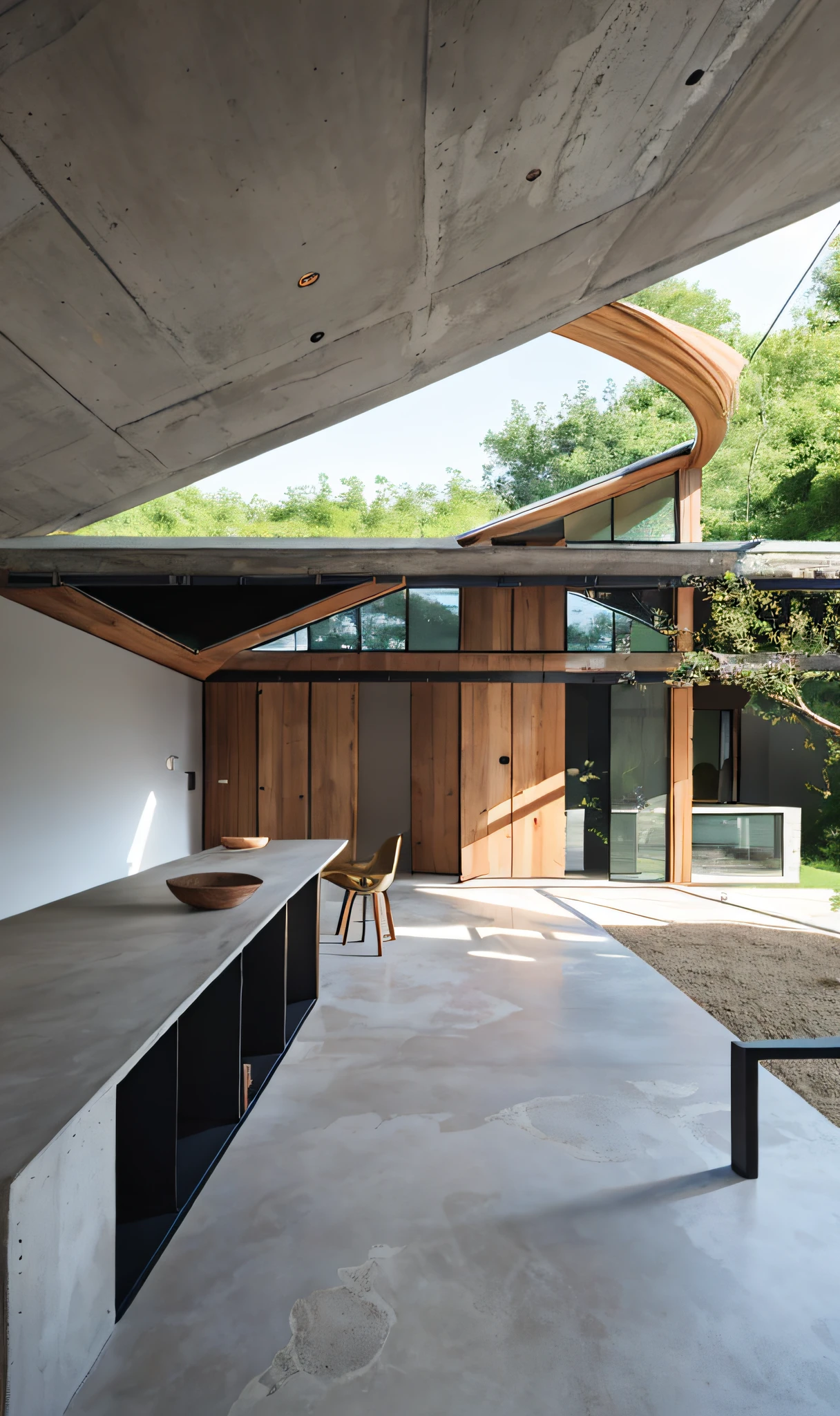 concrete house, wooden chair, dining, wooden beam, concrete floor, marble counter, big window, day light