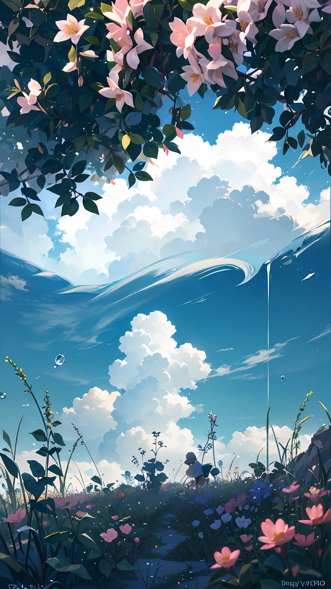 Summer, grass, a few small flowers, large clouds, blue sky, hot weather, HD detail, wet watermark, hyperdetail, cinematic, surrealism, soft light, deep field focus bokeh, ray tracing, and surrealism. --auto --v6 --s2