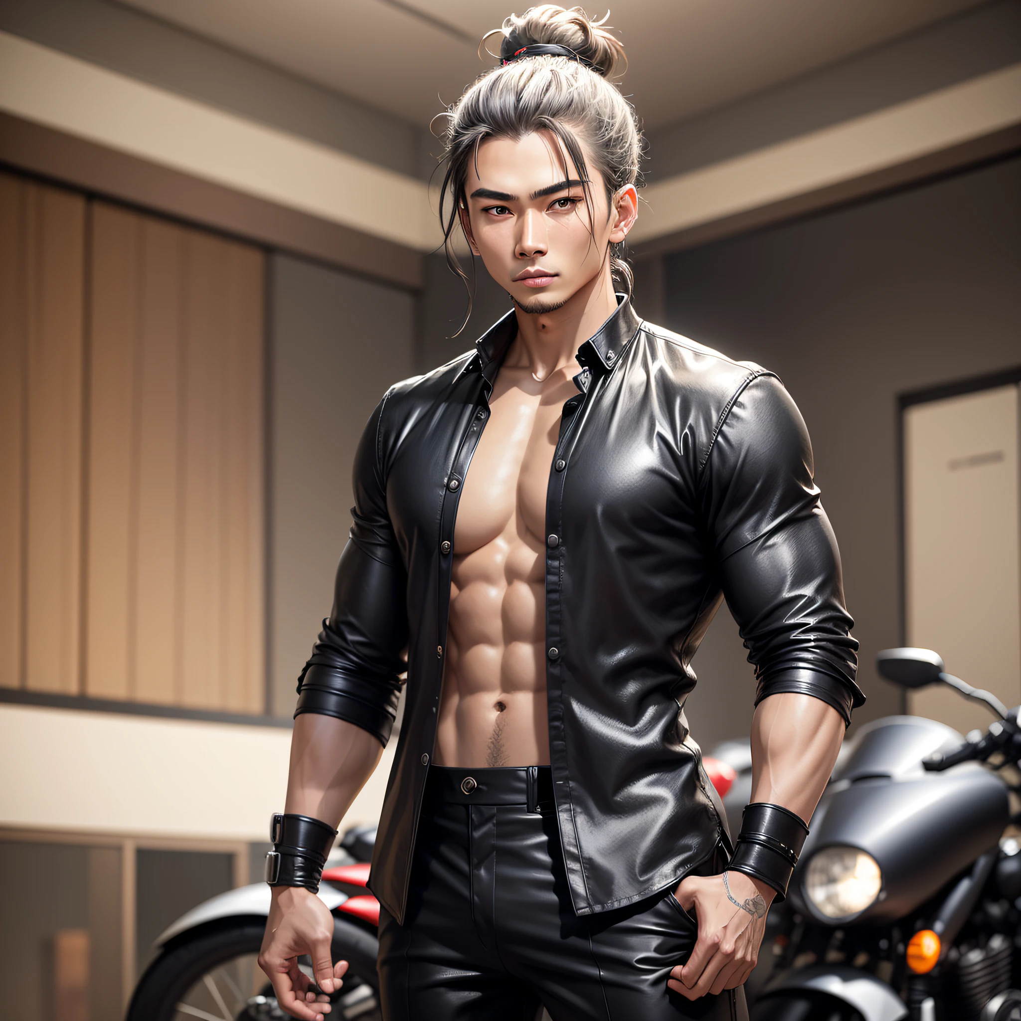 realistic image, young man, beautiful, Thai, with samurai style hair, with a bun on the top of his head, wears black dress shirt, wears black pants, silver eyes, detalist and realistic, gorgeous, without a beard, wearing a blouse, farthest from the camera and without bard and with silver eyes and THIN, BEAUTIFUL, BEAUTIFUL, alone, standing, whole body on a motorcycle