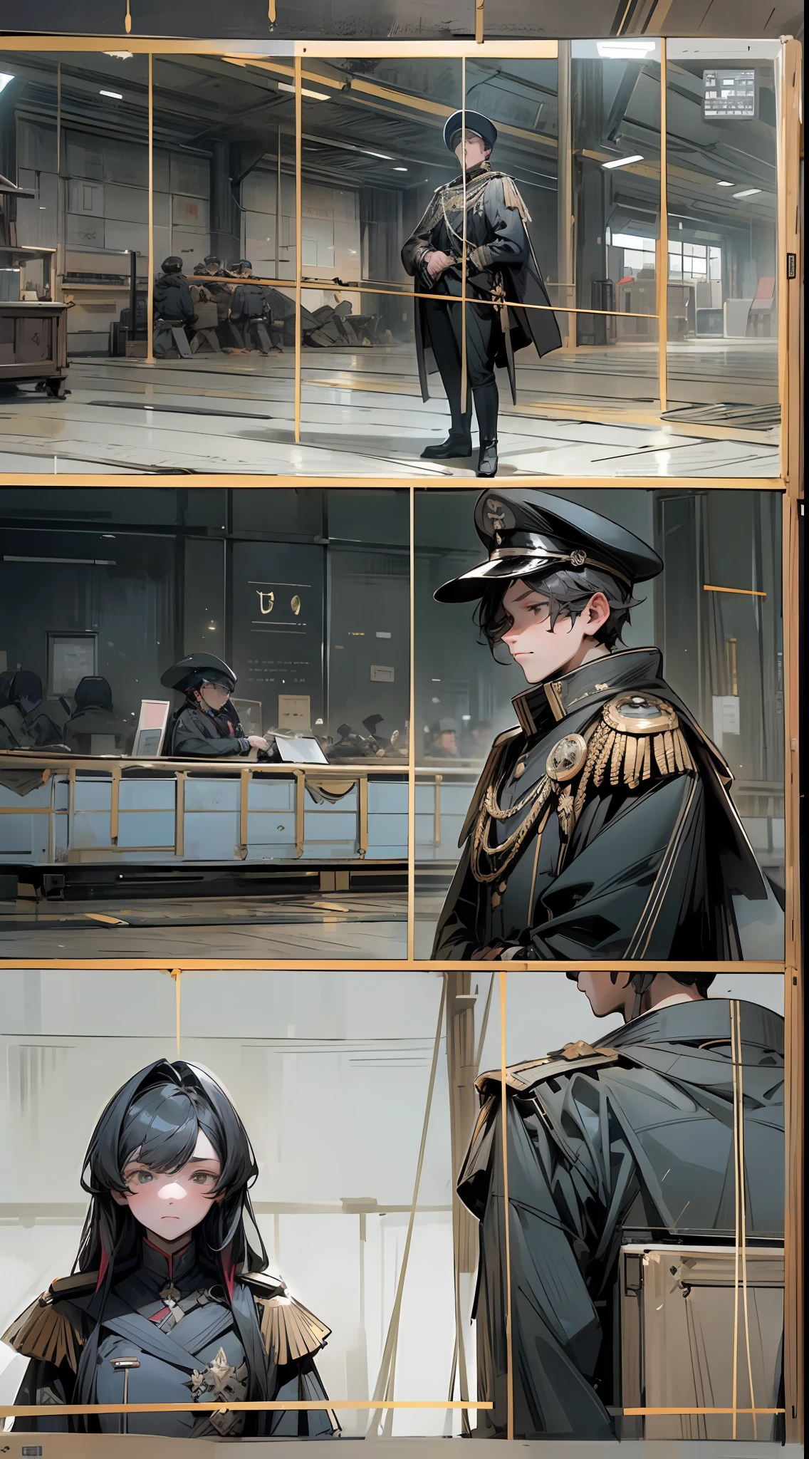 "(Best Quality), (Masterpiece)" 3 girls and 2 boys, dressed in black military uniforms, on the deck of the warship, standing in military pose, lined up, comic storyboard, anime, atmospheric perspective, wide shot, masterpiece, high details, high quality, UHD, 8k