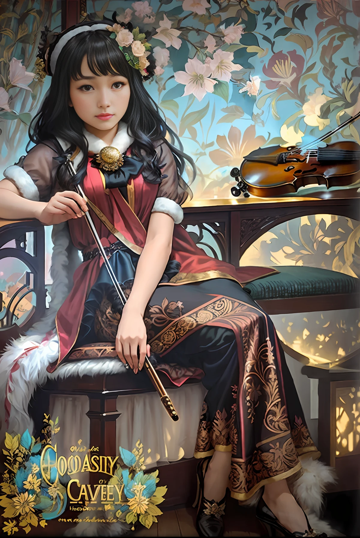 (positive focus, original photo), portrait close-up, (in the dark:1.1), Surrealist female portrait David Hockney and Alphonse Mucha, fantasy art, 1 girl, wearing gorgeous fur and holding violin, photo realistic, dynamic lighting, art station, poster, volumetric lighting, very detailed faces, 4 K, Award-winning, 1 girl, shadow, understated, (official costume: 1.4, gorgeous furs, intricate costumes, furs), looking at camera, bust shot, ((realistic face))) ,