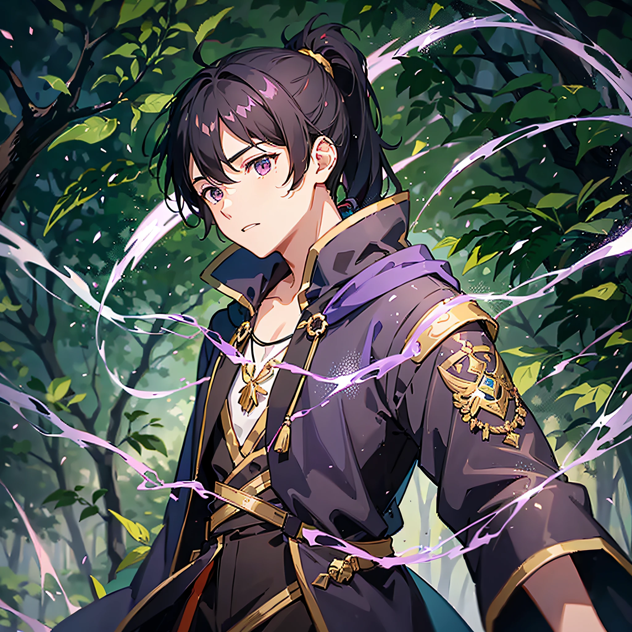 A boy with black hair in a ponytail stood in front of the forest, wearing a purple-gold robe, mage, lightning dispersion art,