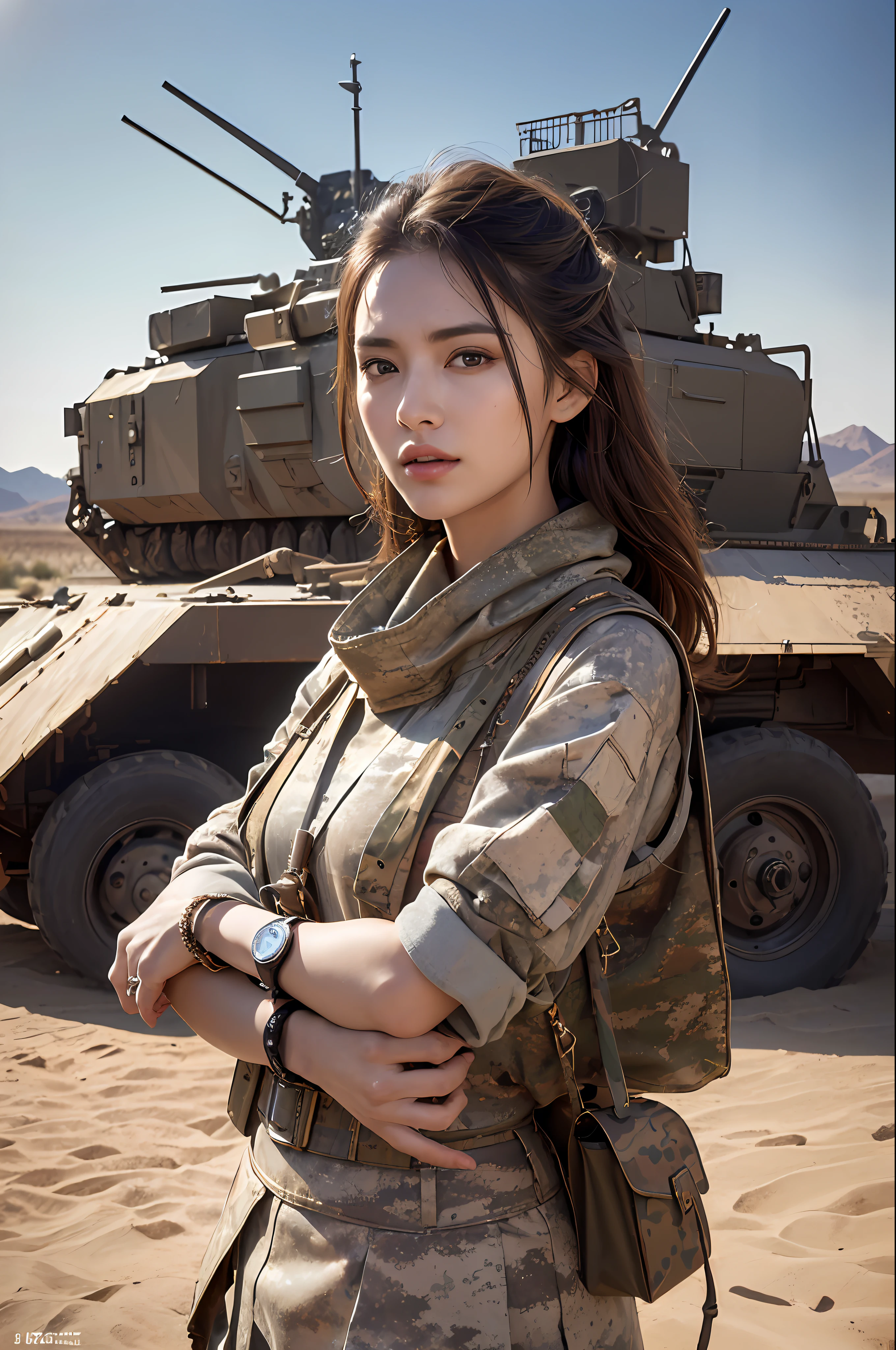 1girl, superb, elegant colors, (realistic, high detail, masterpiece, ultra-detailed, dynamic angle, amazing, cinematic lighting, illustration, chiaroscuro, backlight, god light, holland, best quality, best quality, wearing tight desert camouflage vest, wearing desert camouflage short skirt, posing good-looking, belting, wearing military watch, armored car with desert camouflage outdoors in background, digital painting, highly detailed, super high quality, professional photography, 8k, ultra hd, desert background, real skin texture , normal intact fingers, correct facial features, clear focus, eye-catching lighting, blue sky