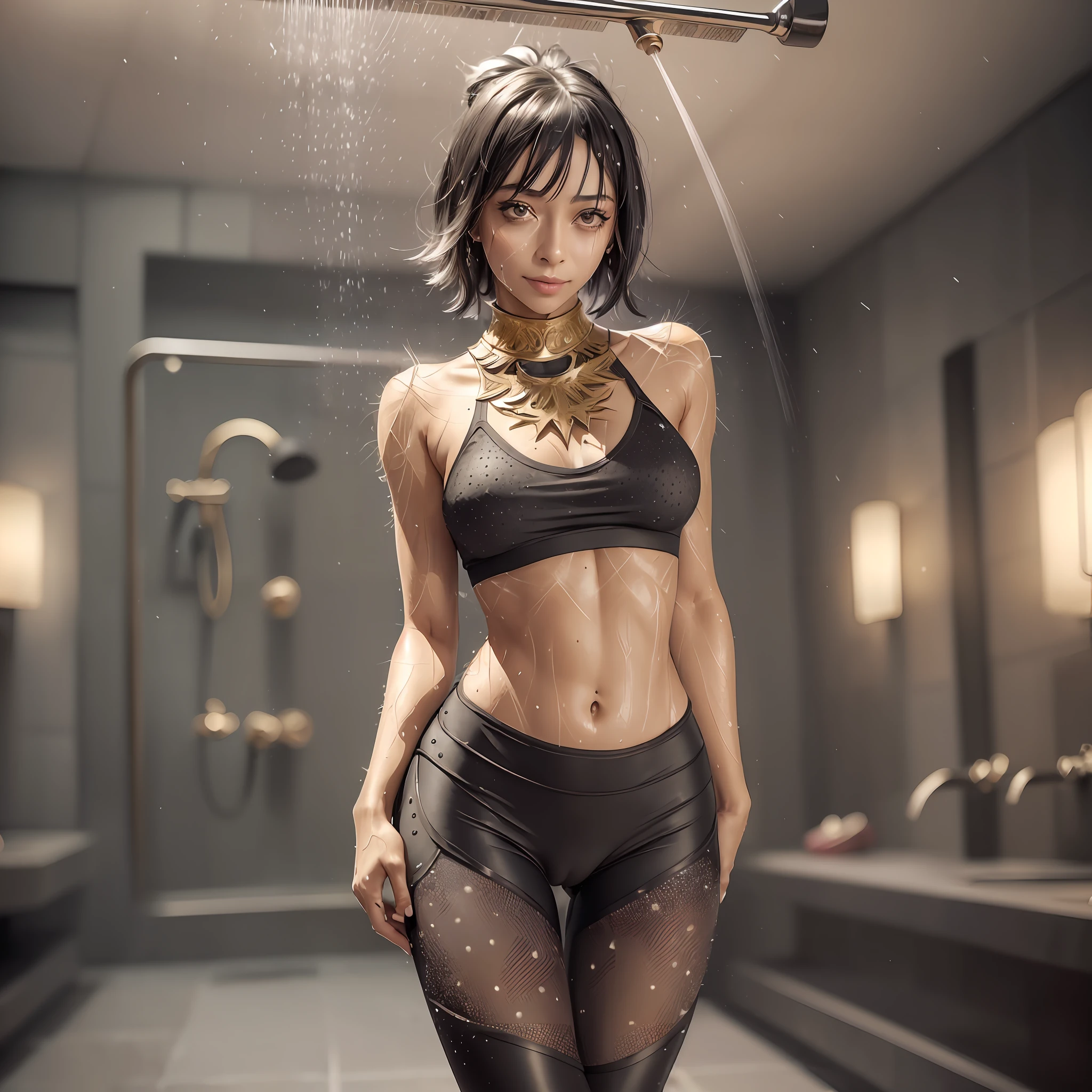 ((Tamara Taylor)), (solo), (a detailed full-body RAW photo of a girl), (masterpiece: 1), (best quality: 1.4), (ultra high resolution: 1.2), (photorealistic: 1.4), 8k resolution, Canon EOS R5, 50mm, absurd, ultra detailed, sharp focus, cinematic lighting, detailed beautiful face, (makeup: 1.2), (ulzzang-6500-v1.1), detailed skin texture, round chest, (slim and fit body: 1.3), thigh gap, (black short straight hair: 1.5), (straight hair), smiling, (black small bra, sports leggings:1.4), realistic glittering skin, (cameltoe:1.5), (sweating:1.5), slim waist, seductive smile, solo, (in the shower), whole body --auto --s2