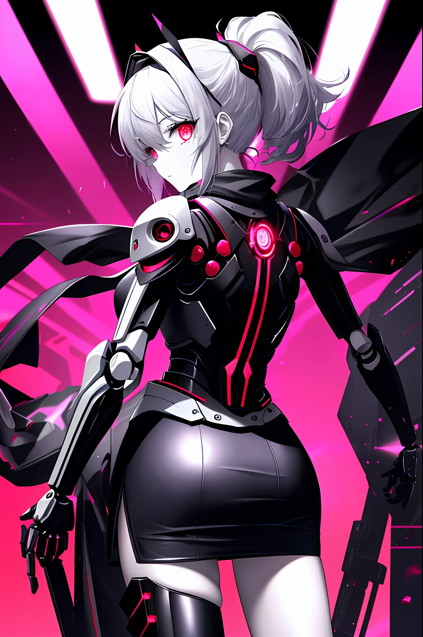 Absurd, very precise details, highly detailed 8K wallpaper, (transcendent beautiful girl: 1.5), ponytail, from back to shoulder, from side, side focus, exoskeleton spine, bodysuit, red glowing eyes, (mechanical joints, mechanical limbs: 1.3), perfect five fingers, headgear, rest, break, dynamic angle, (look back: 1.5), scarf, mini skirt, cyberpunk, devastated world,