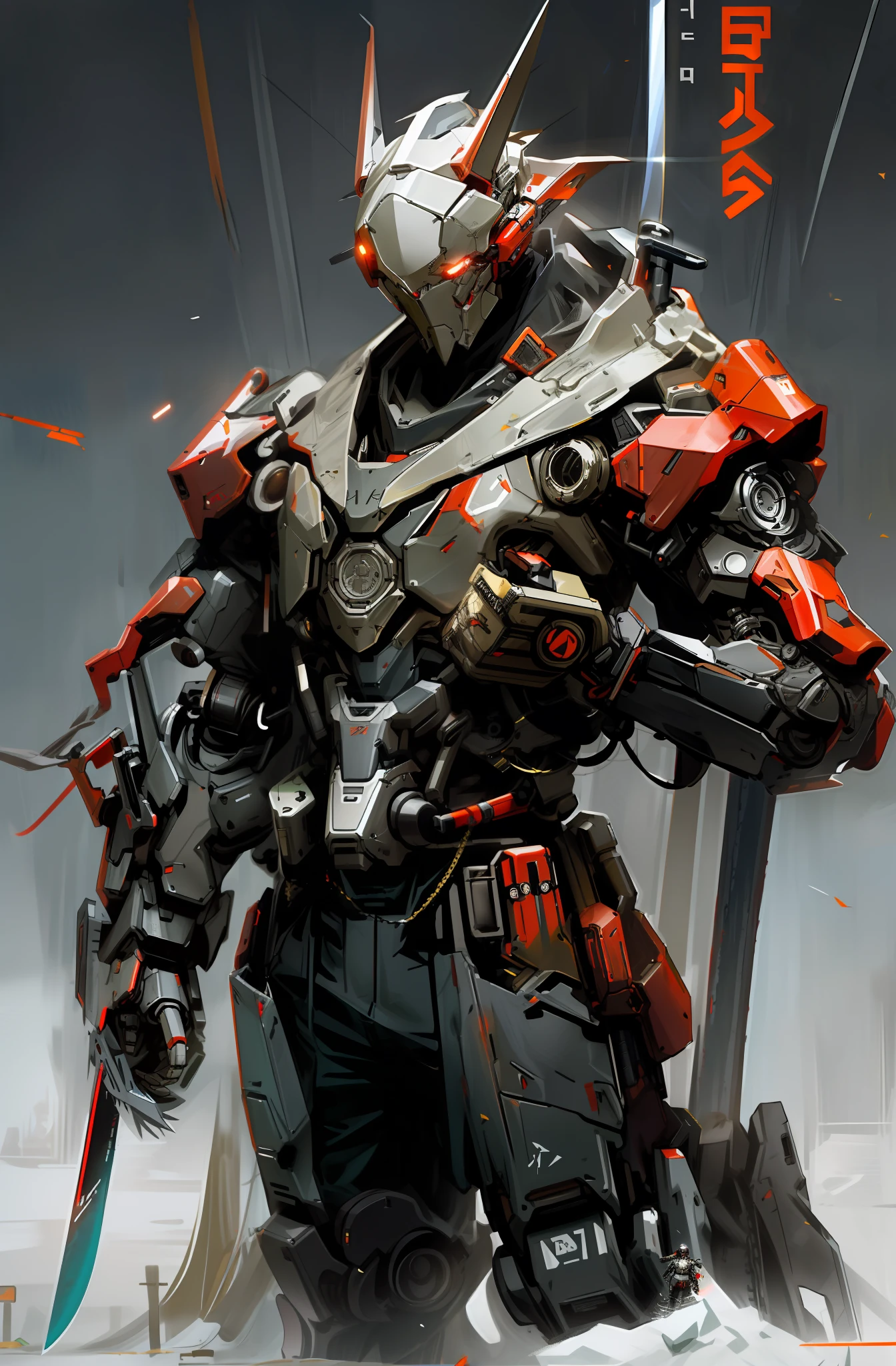 Dark_Fantasy,Cyberpunk,(chain saw,chain saw man,Red:1.1),1man,Mechanical marvel,Robotic presence,Cybernetic guardian,