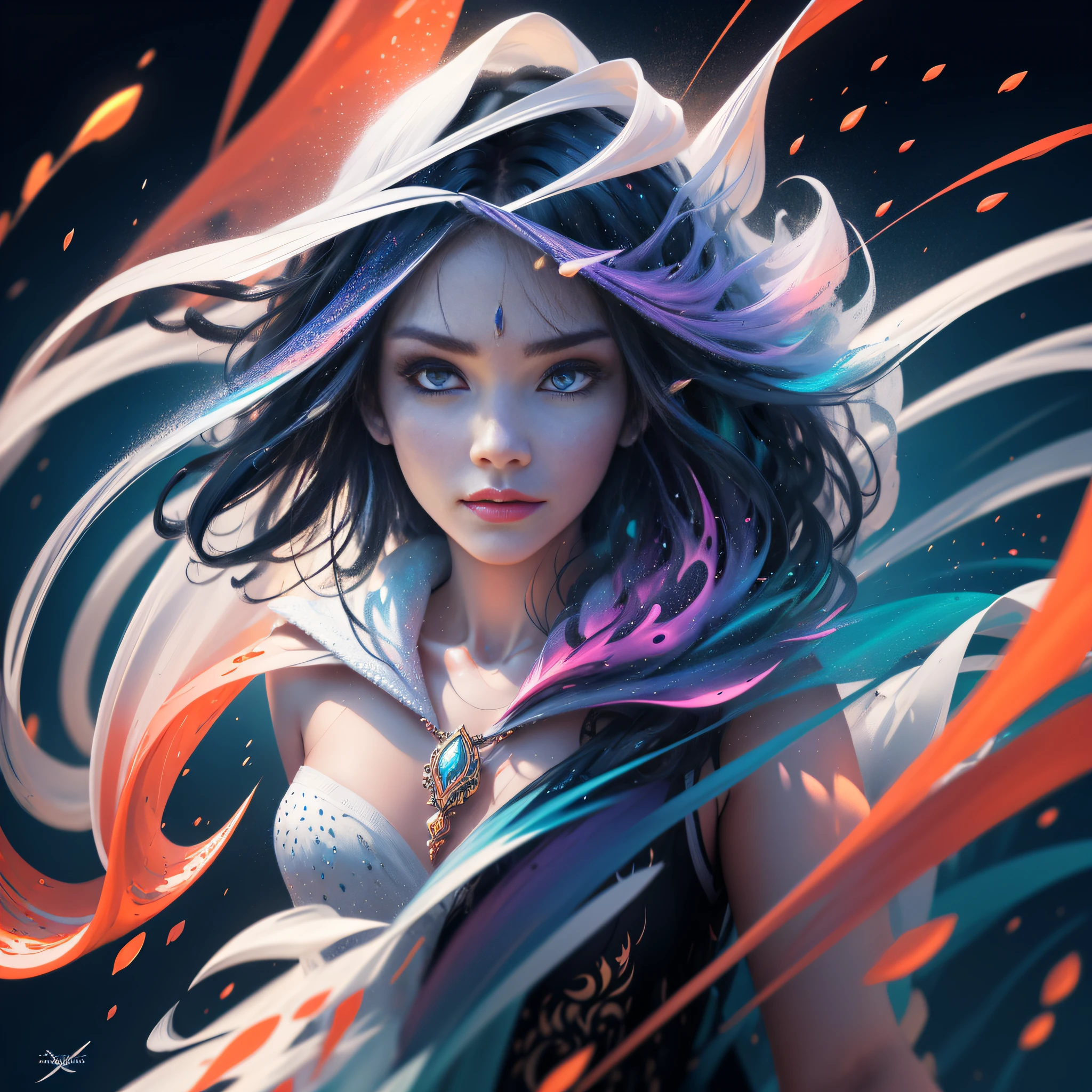Capture the spirit of wind with liquid ink unfreezing into a whirlwind of pointilism, traversing a spectrum of multiple random colors, 4k concept art, extreme detail, intricate, luminescent glowing canvas, motion, dynamic, sharp glossy focus, create a perfect female face with intricate detail, ornate