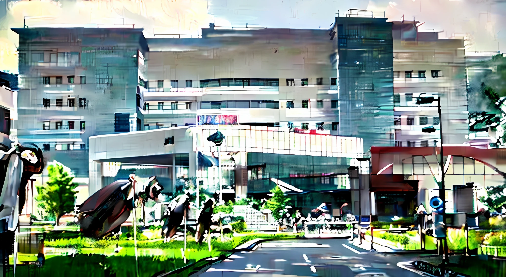 there are many signs on the grass in front of a building, hospital, medical research facility, hospital in background, medical complex, full - view, research complex, exterior shot, top, p. j. n, front-view, jin shan, centre image, exterior, high quality image, hospital background, album photo, exterior view, surgery theatre, where a large