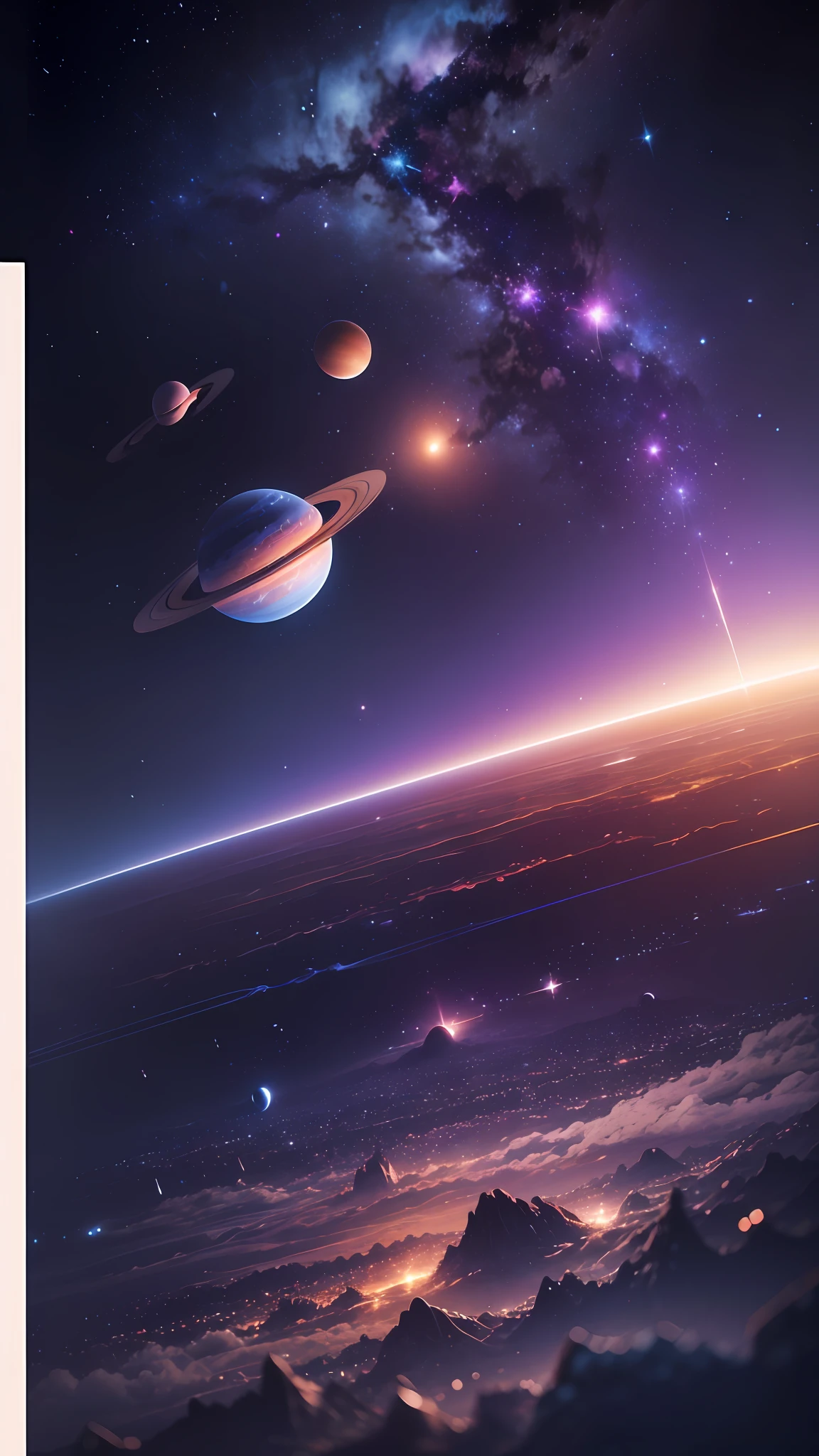 Planets, night sky, stars, HD detail, space, hyperdetail, cinematic, surrealism, soft light, deep field focus bokeh, ray tracing, and surrealism. --auto --v6 --s2