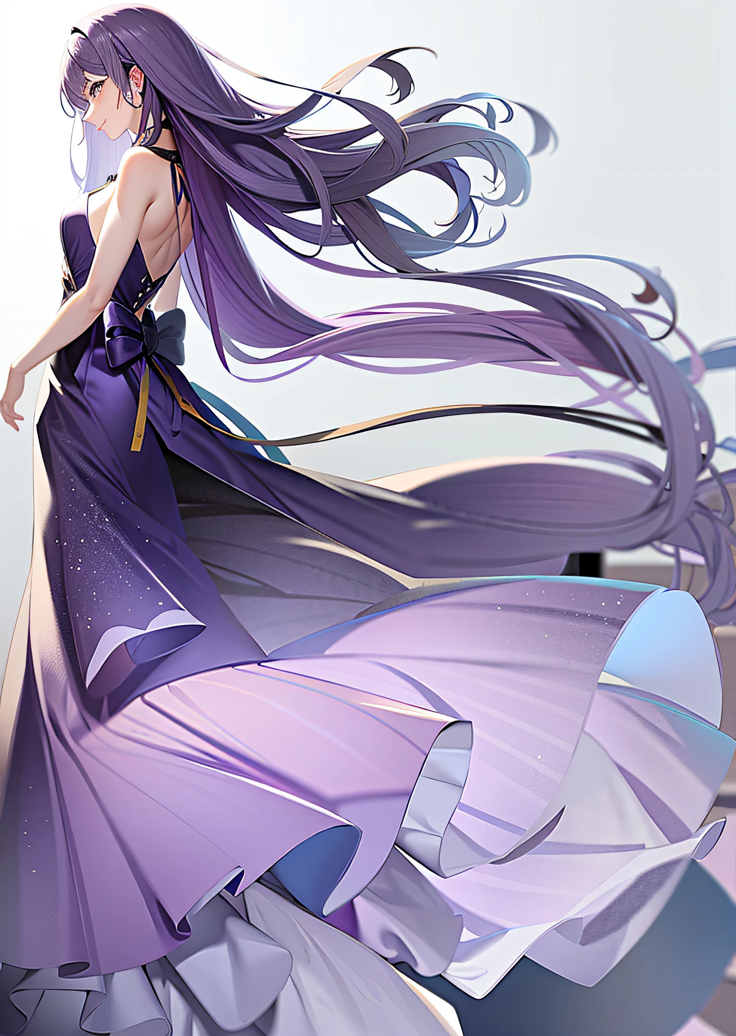 Purple long-haired girl, lilac dress, sideways, sideways, full sideways, side view, standing, smile, (beautiful moving 1.5)