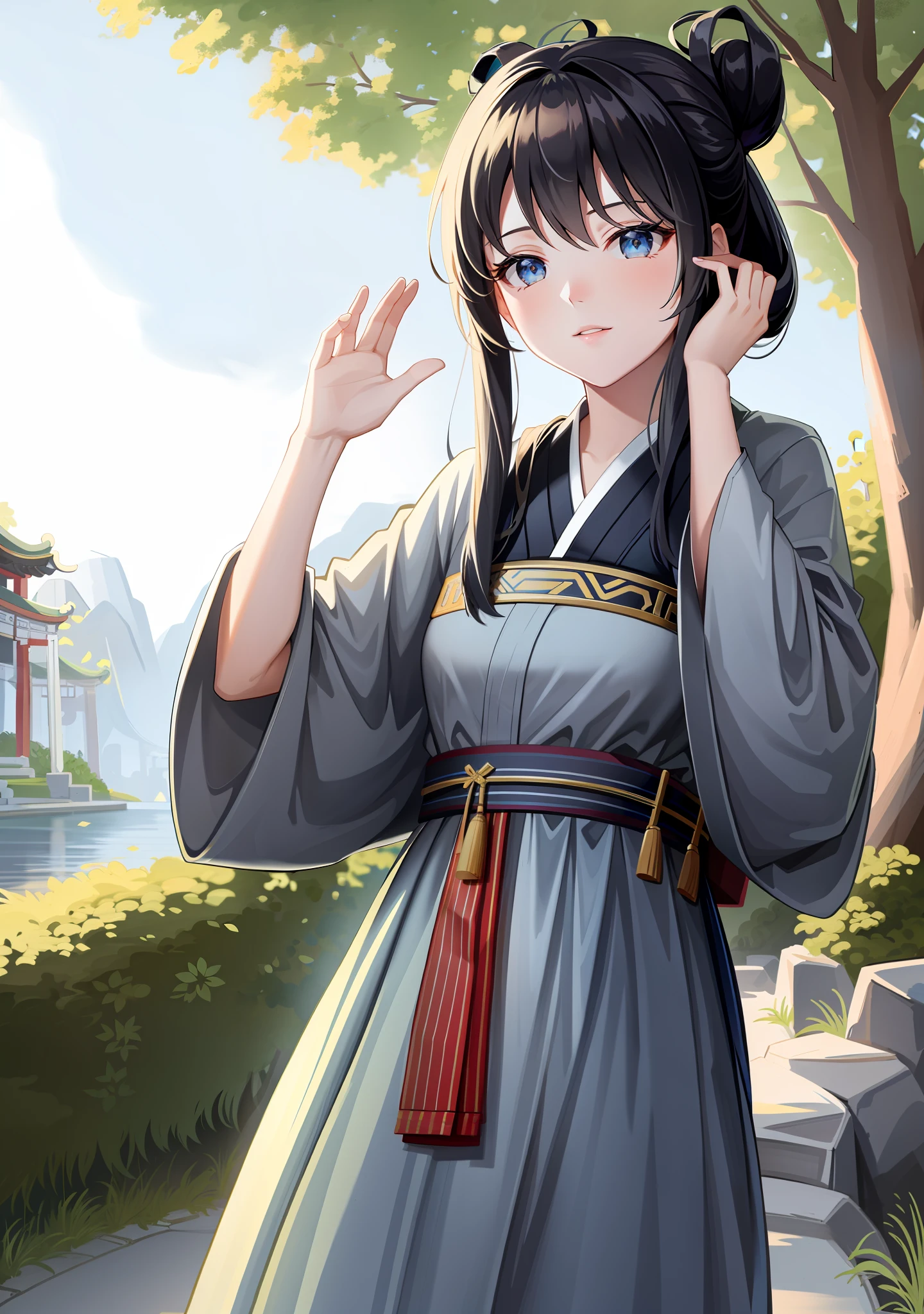 ru_qun, best_quality, head, original_outfit, hanfu, clear details, masterpiece, best_quality, clear details, 1girl, sky blue and white, reading, holding a book, Chinese park background, denim photos, detailed skin texture, detailed cloth texture, beautiful and detailed face, super detailed, photorealsim, SongStyle, Facing the lake