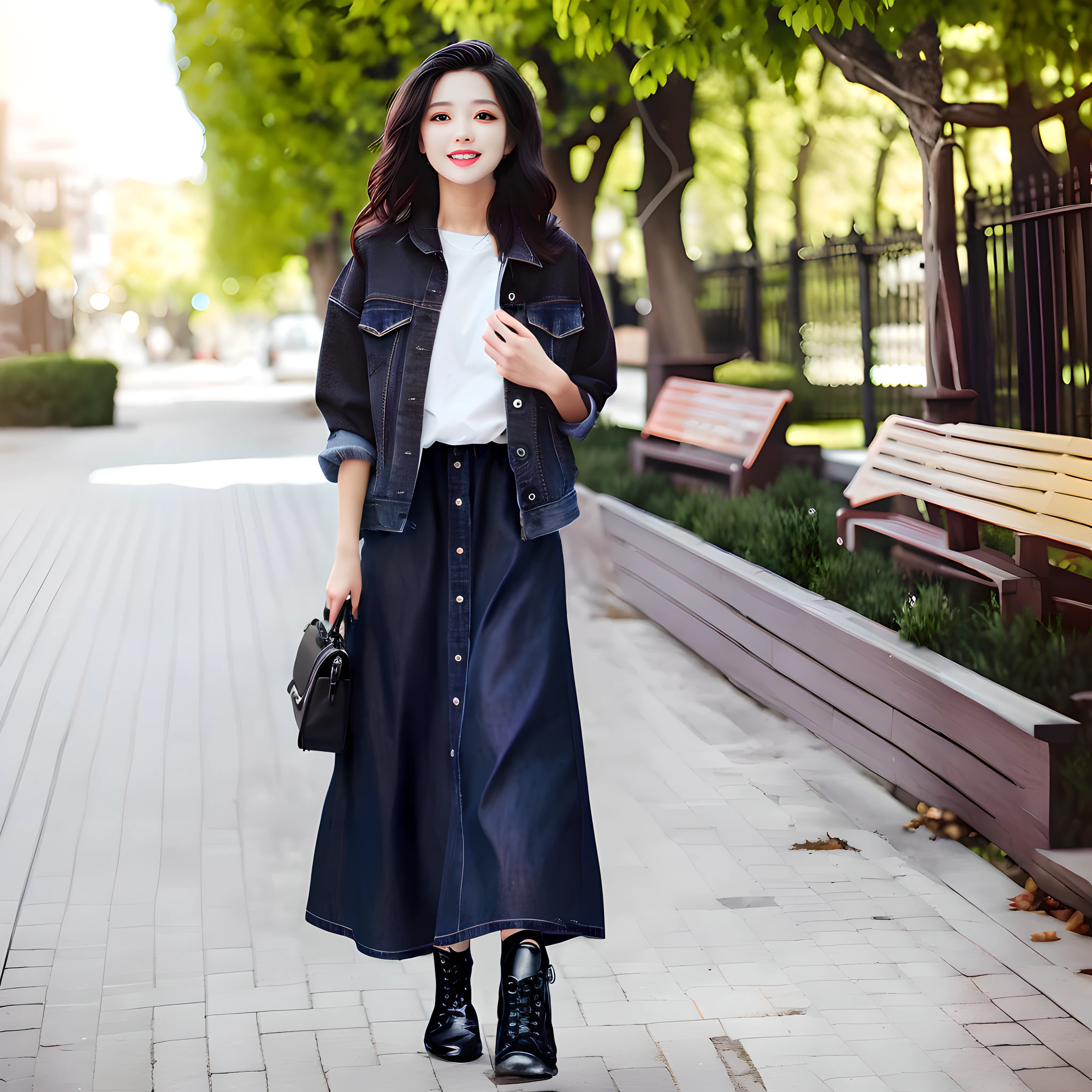 Masterpiece, best quality, Aravi woman in black skirt and white shirt and black jacket, in jacket and skirt, Korean female fashion model, fashion clothing, modern fashion clothing, wearing black tank top and skirt, jeans jacket, dark shirt and jeans, wide skirt, wearing long fluent clothes, shutterstock, long skirt, short shirt and jacket, modern casual clothing