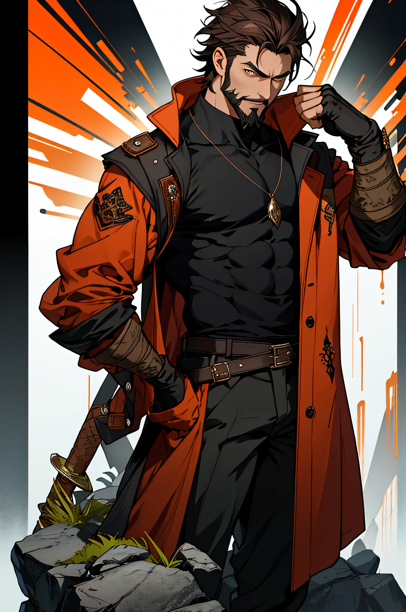 A young yet mature man captivates with his presence, sporting short, dark hair that reaches his shoulders. His square and mature face is adorned with a well-groomed goatee, adding to his air of wisdom. He is clad in a hunter's attire, donning a long, dark orange jacket that gracefully cascades down to his feet. A sword rests firmly on his back, a symbol of his strength and prowess. He wears a single glove on one hand, hinting at a mysterious past. This character, a formidable figure of fantasy, stands ready to embark on an epic journey.