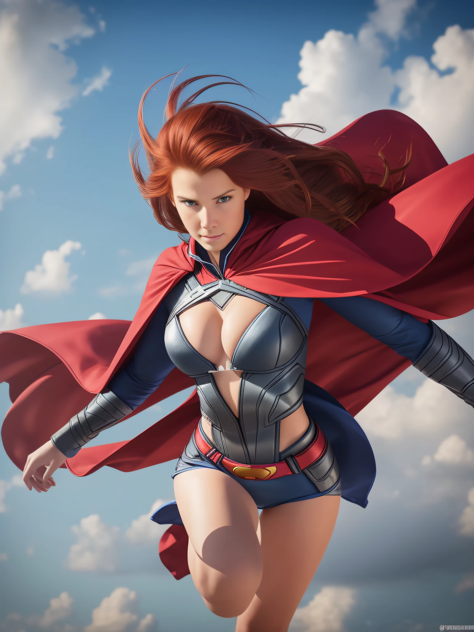 Imagine a thrilling scene: a red-haired woman flying through the sky in her superman uniform, her cape fluttering in the wind. His expression is determined and confident, as if he is capable of doing anything. The sharpness of the image is impressive, you can see every detail of the uniform and the hair strands of the woman. She looks so real that you can almost feel the wind on her face as you watch her fly freely through the sky.