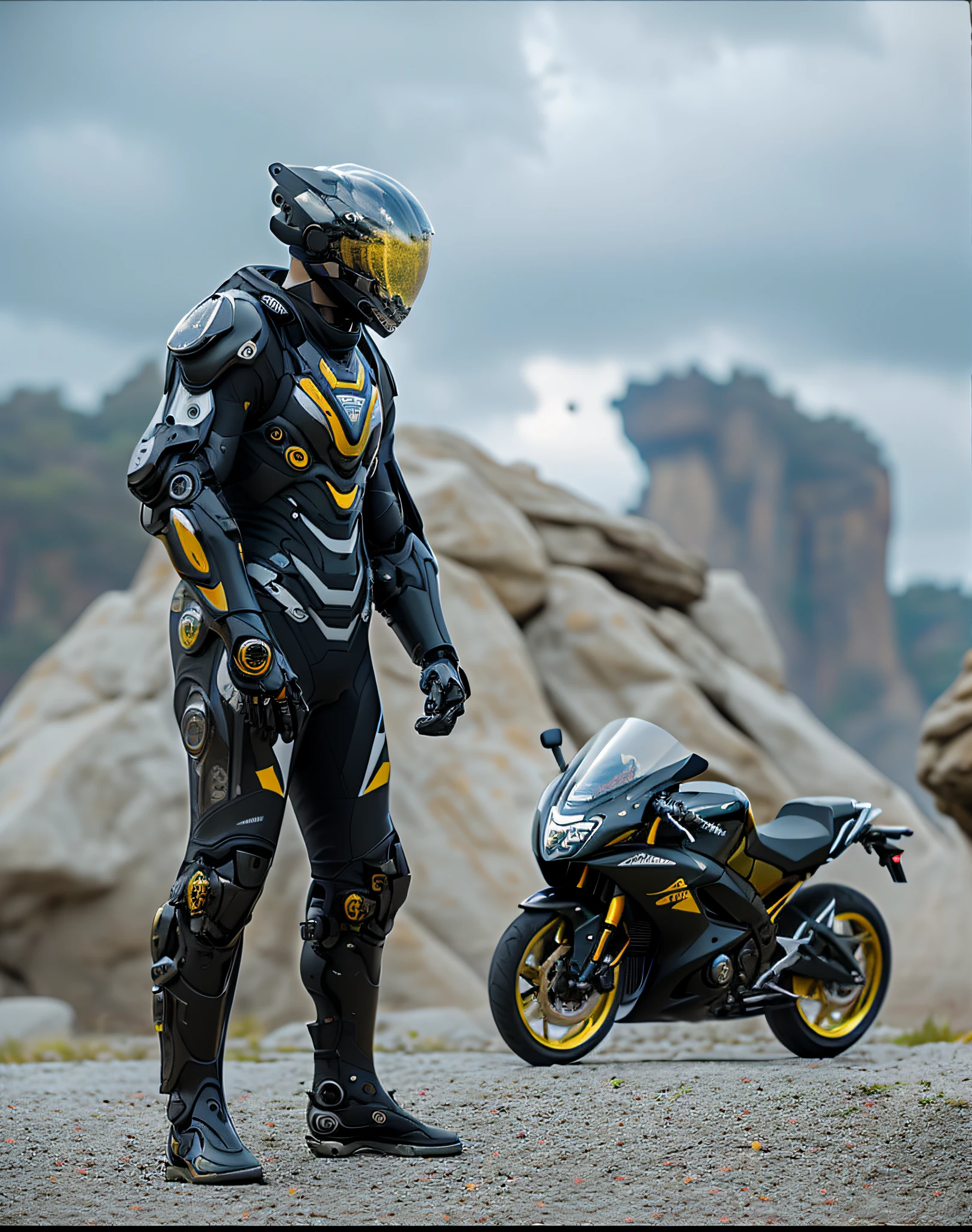 Highest HD quality, 8k, unchanged background, motorcycle unchanged, chest glowing with a man in a black and yellow suit standing next to the motorcycle, Varia suit, HEV suit, black armor with yellow accent, wearing tech suit and armor, tech suit, futuristic tech suit, energetic varia suit, motorcyclist, tech flight suit, full body armor, leather armor, robot suit, cyclist, biopunk set