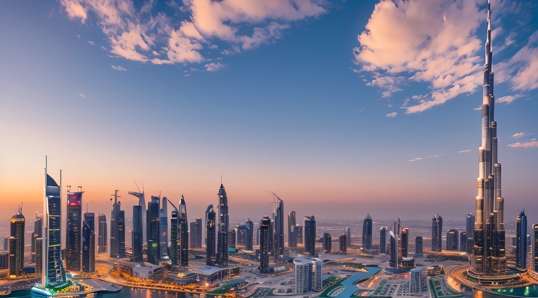 Amazing panoramic view of Dubai skyline showing the world's tallest building, Burj Khalifa, during sunset, vibrant skies with clouds in futuristic city downtown; Perfect travel destination panorama --auto --s2