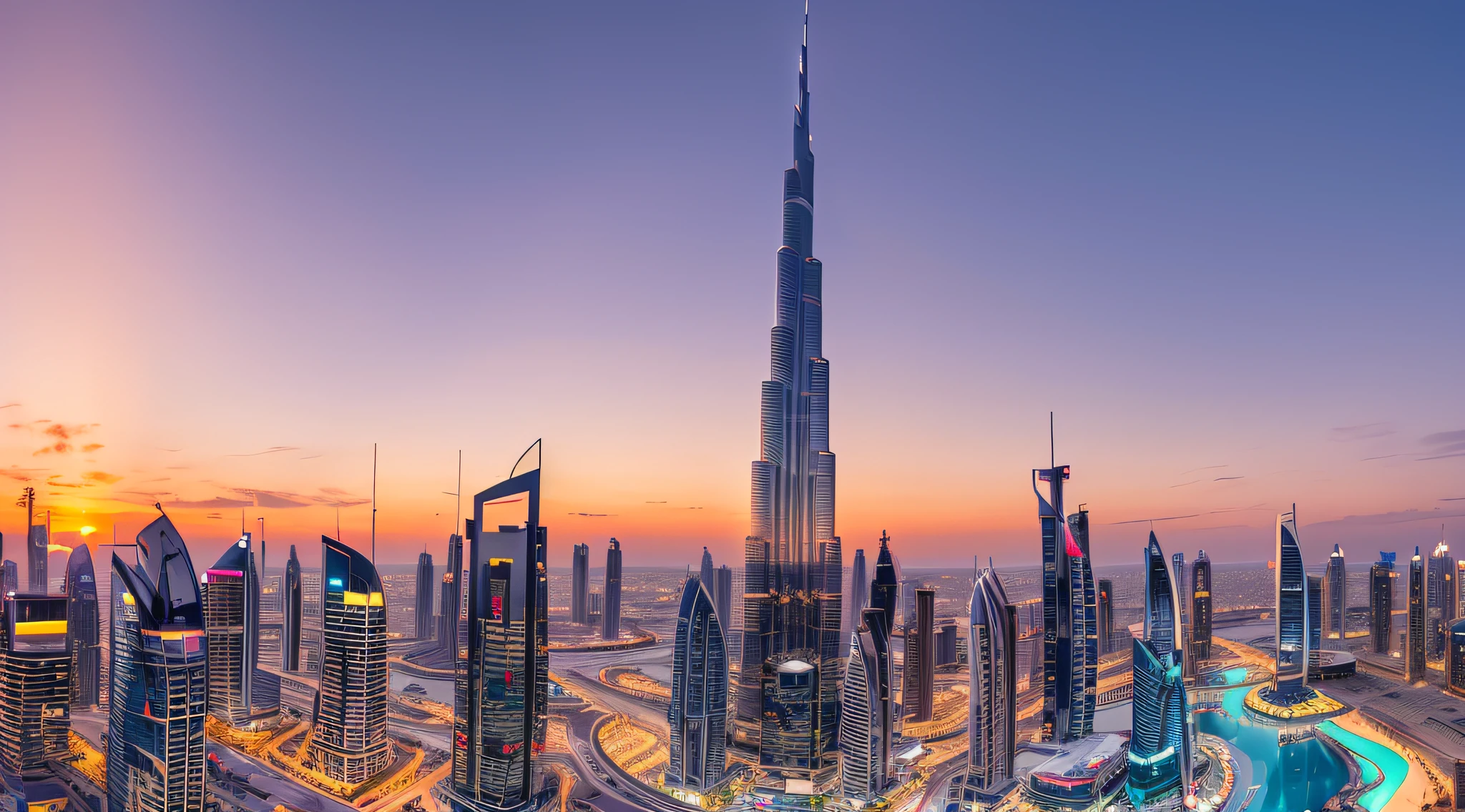 Amazing panoramic view of Dubai skyline showing the world's tallest building, Burj Khalifa, during sunset, vibrant skies with clouds in futuristic city downtown; Perfect travel destination panorama --auto --s2