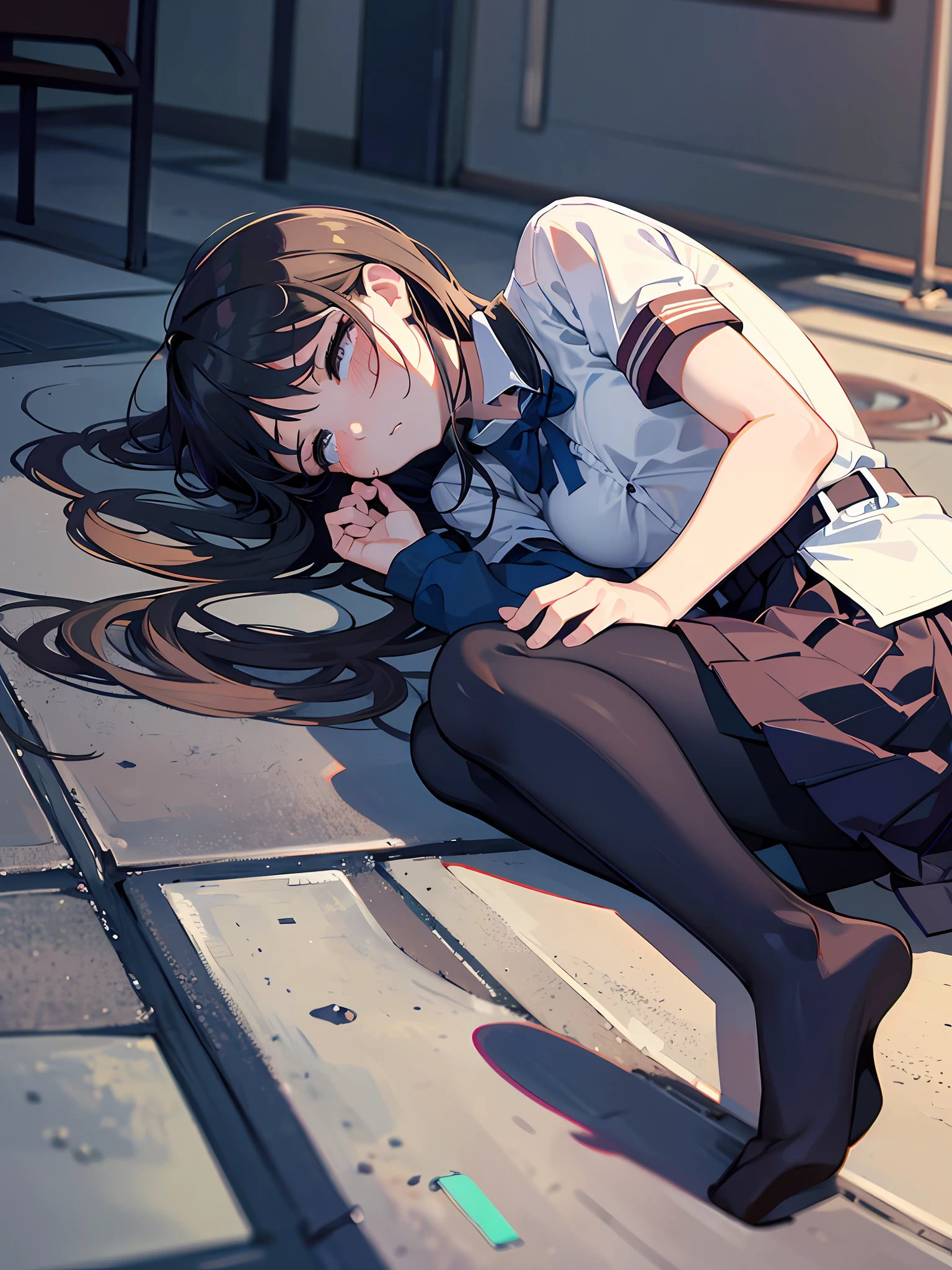The artwork depicts a girl in a school uniform, lying on the ground, showing extreme pain, in a classroom background. The whole picture creates an atmosphere of sadness and sorrow, which makes people feel heartache and unease.

The colors of the picture may be gray, creating a feeling of melancholy and heaviness. The girl lay on the ground, seemingly hurt or something unfortunate, her expression and body language were full of pain and despair, making people feel very heartache and sadness.