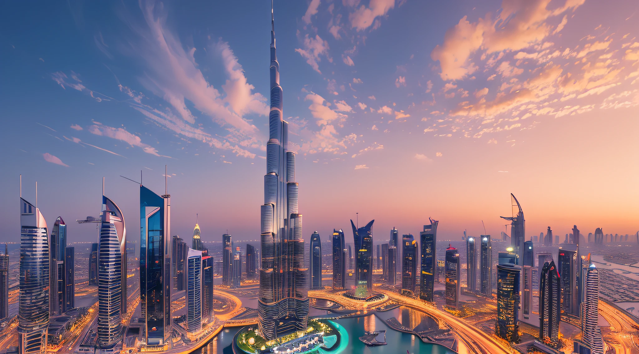 Amazing panoramic view of Dubai skyline showing the world's tallest building, Burj Khalifa, during sunset, vibrant skies with clouds in futuristic city downtown; Perfect travel destination panorama --auto --s2