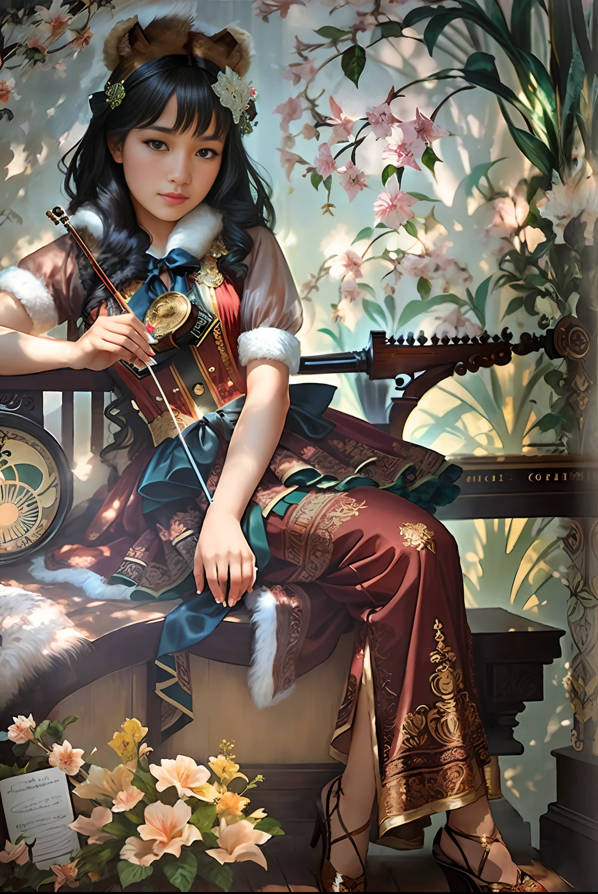 (positive focus, original photo), portrait close-up, (in the dark:1.1), Surrealist female portrait David Hockney and Alphonse Mucha, fantasy art, 1 girl, wearing gorgeous fur and holding violin, photo realistic, dynamic lighting, art station, poster, volumetric lighting, very detailed faces, 4 K, Award-winning, 1 girl, shadow, understated, (official costume: 1.4, gorgeous furs, intricate costumes, furs), looking at camera, bust shot, ((realistic face))) ,