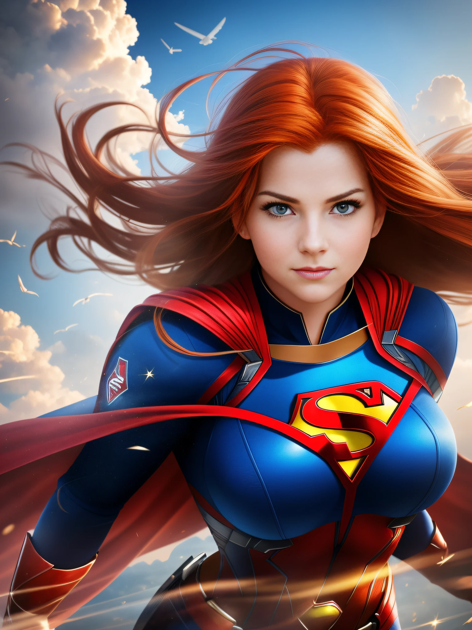 Imagine a thrilling scene: a red-haired woman flying through the sky in her superman uniform, her cape fluttering in the wind. His expression is determined and confident, as if he is capable of doing anything. The sharpness of the image is impressive, you can see every detail of the uniform and the hair strands of the woman. She looks so real that you can almost feel the wind on her face as you watch her fly freely through the sky.