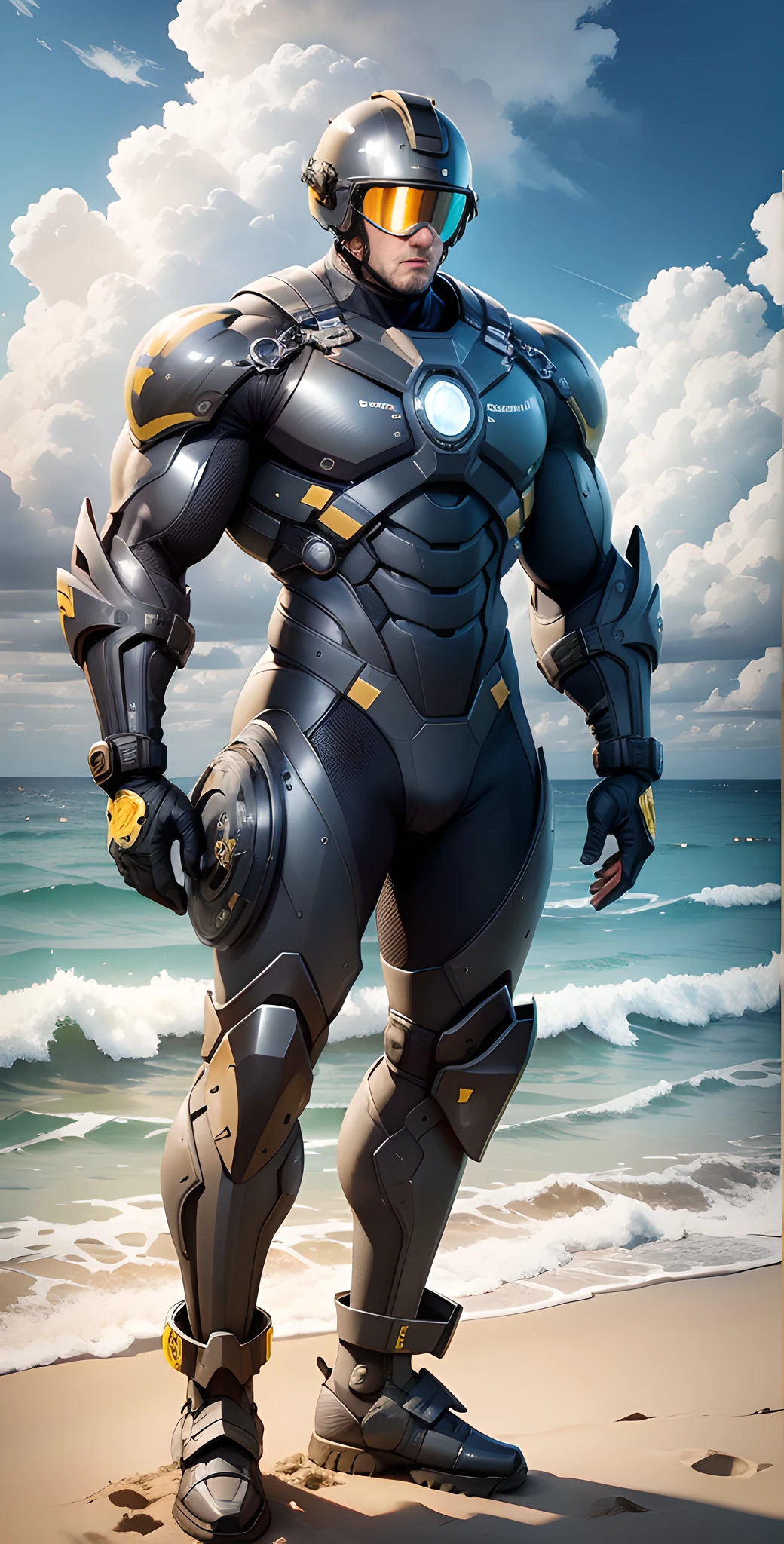 Man in yellow and black clothes standing on the sunny beach, muscular man, American round inch, Buzz cut, muscular! Wearing a cool mechanical helmet, round head Buzz Cut, stealth suit, symmetrical floral texture design, optimal picture quality and resolution, character design special forces, black military boots, attractive strong men and armor, weaving sunlight through the clouds