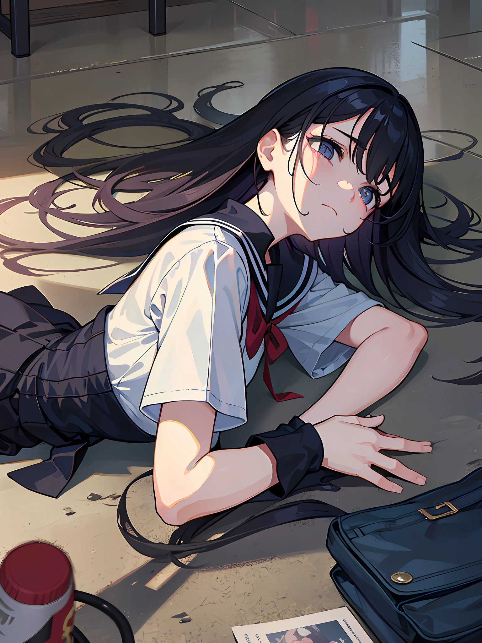The artwork depicts a girl in a school uniform, lying on the ground, showing extreme pain, in a classroom background. The whole picture creates an atmosphere of sadness and sorrow, which makes people feel heartache and unease.

The colors of the picture may be gray, creating a feeling of melancholy and heaviness. The girl lay on the ground, seemingly hurt or something unfortunate, her expression and body language were full of pain and despair, making people feel very heartache and sadness.