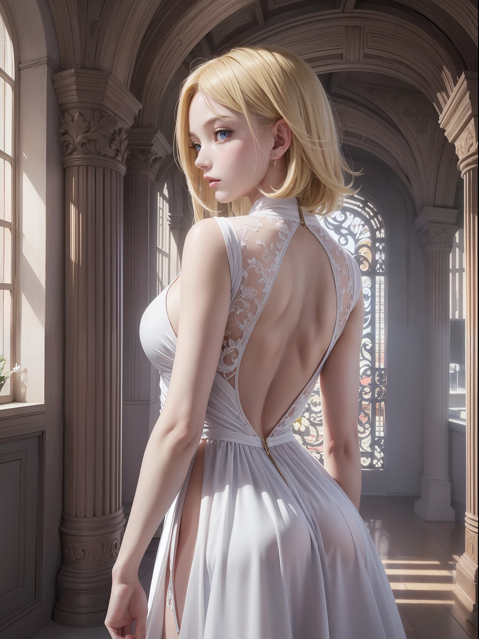 official art, unity 8k wallpaper, ultra detailed, beautiful and aesthetic, beautiful, masterpiece, best quality, a girl has beautiful face, looking at viewer, short blonde hair, back, back, hip, thin dress