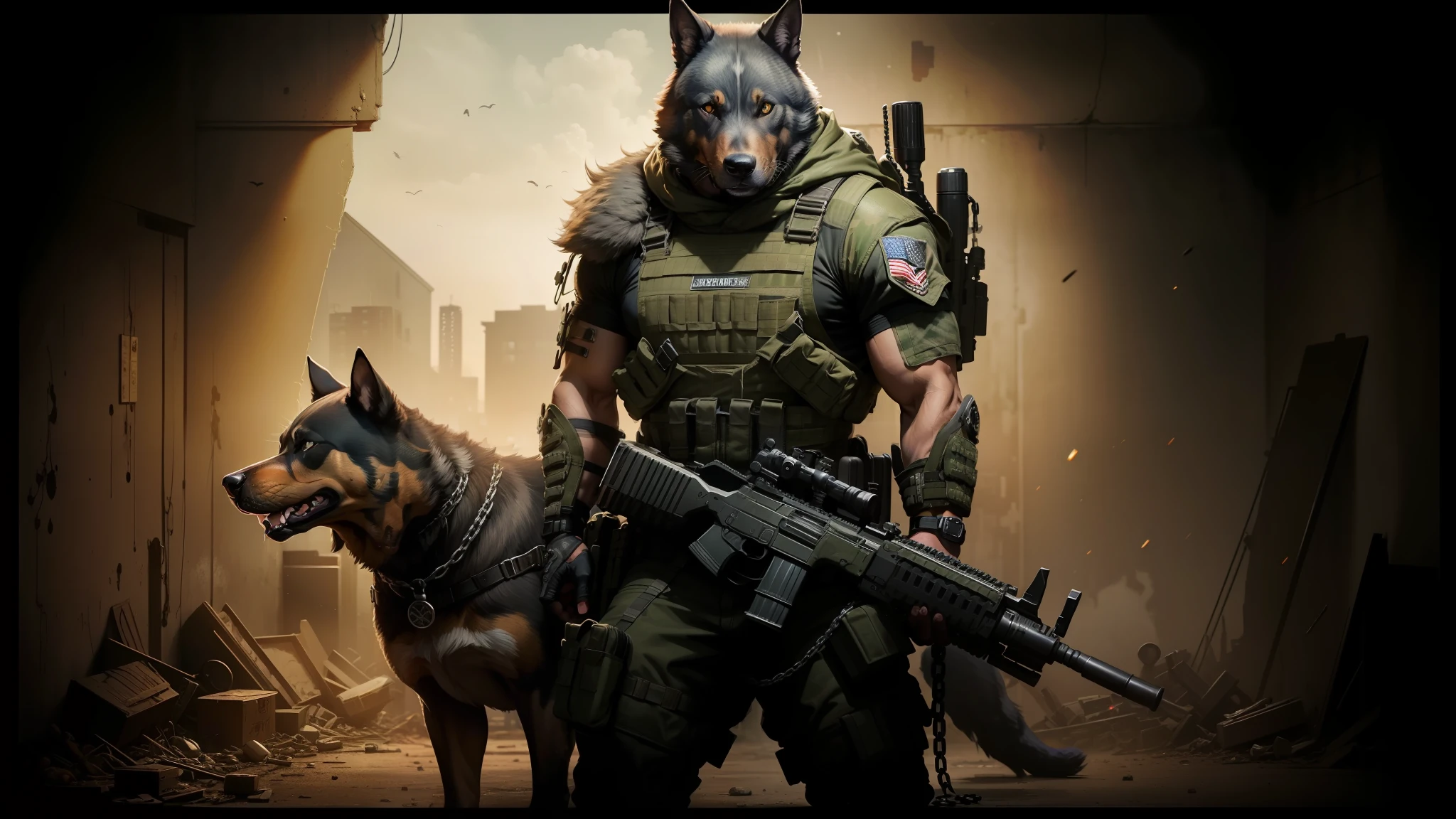 gearson man with a dog and a gun in a dark room, epic urban bakground, wolf armor, miltary, epic image, rottweiler rabbit hybrid, youtube thumbnail, badass, removed watermarks, mad dog on a chain, apocalypse, aged shaggy ex military soldier, one dog, high energy, future soldier clothing, imposing presence --auto --s2
