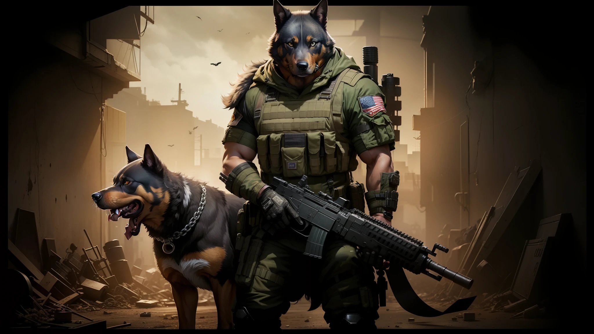 gearson man with a dog and a gun in a dark room, epic urban bakground, wolf armor, miltary, epic image, rottweiler rabbit hybrid, youtube thumbnail, badass, removed watermarks, mad dog on a chain, apocalypse, aged shaggy ex military soldier, one dog, high energy, future soldier clothing, imposing presence --auto --s2