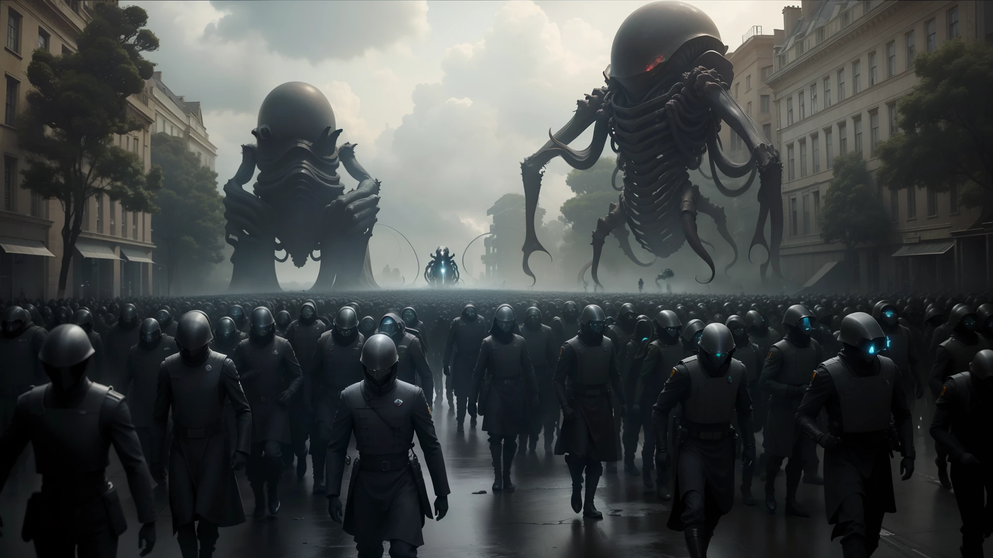 there are many people walking in a large group of giant alien, cinematic rendering, twelve arms, film still promotional image, black sky, by Matteo Pérez, squids, soldiers, unspeakable horrors, elites --auto --s2