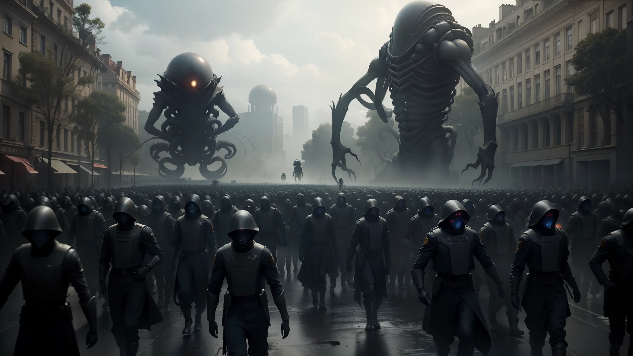 there are many people walking in a large group of giant alien, cinematic rendering, twelve arms, film still promotional image, black sky, by Matteo Pérez, squids, soldiers, unspeakable horrors, elites --auto --s2