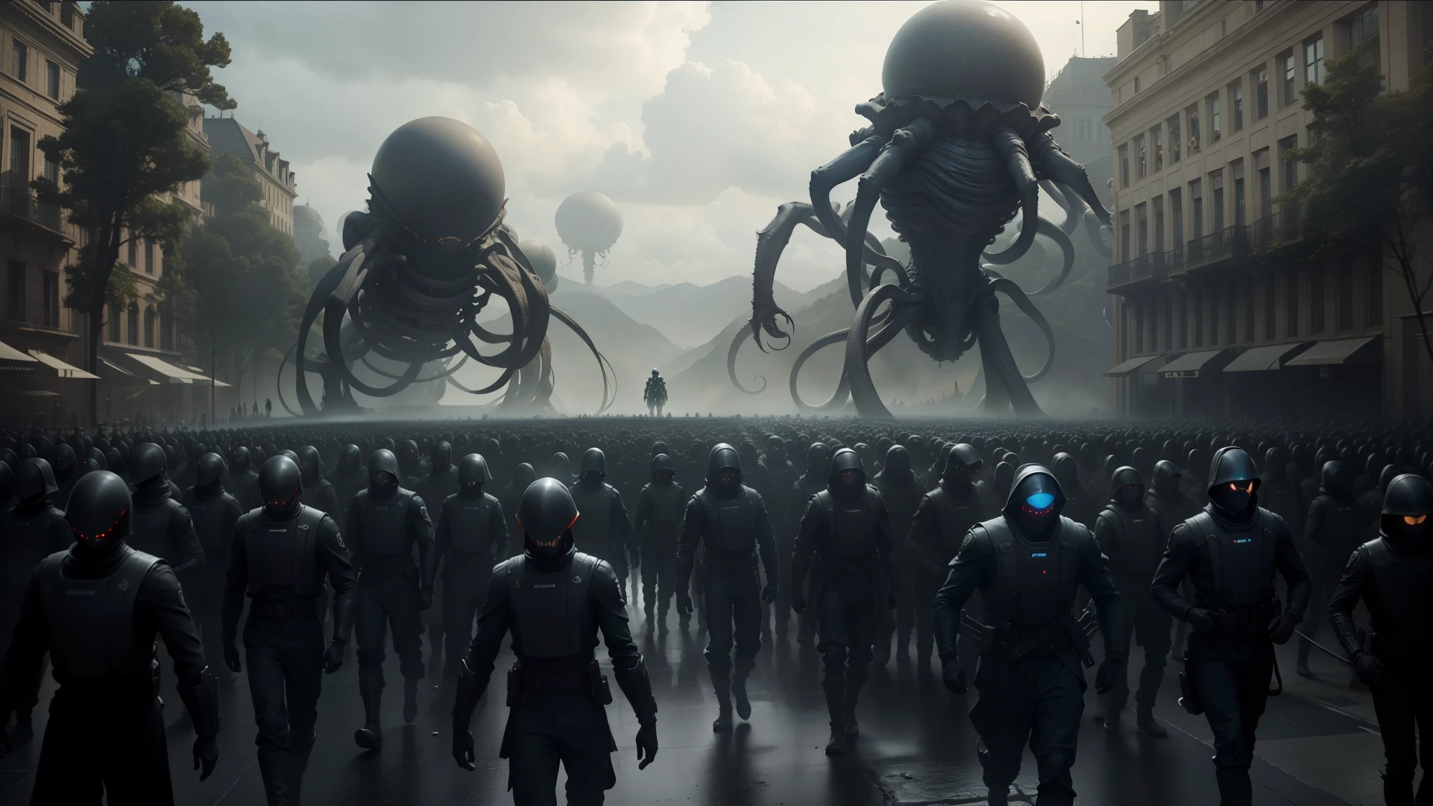 there are many people walking in a large group of giant alien, cinematic rendering, twelve arms, film still promotional image, black sky, by Matteo Pérez, squids, soldiers, unspeakable horrors, elites --auto --s2