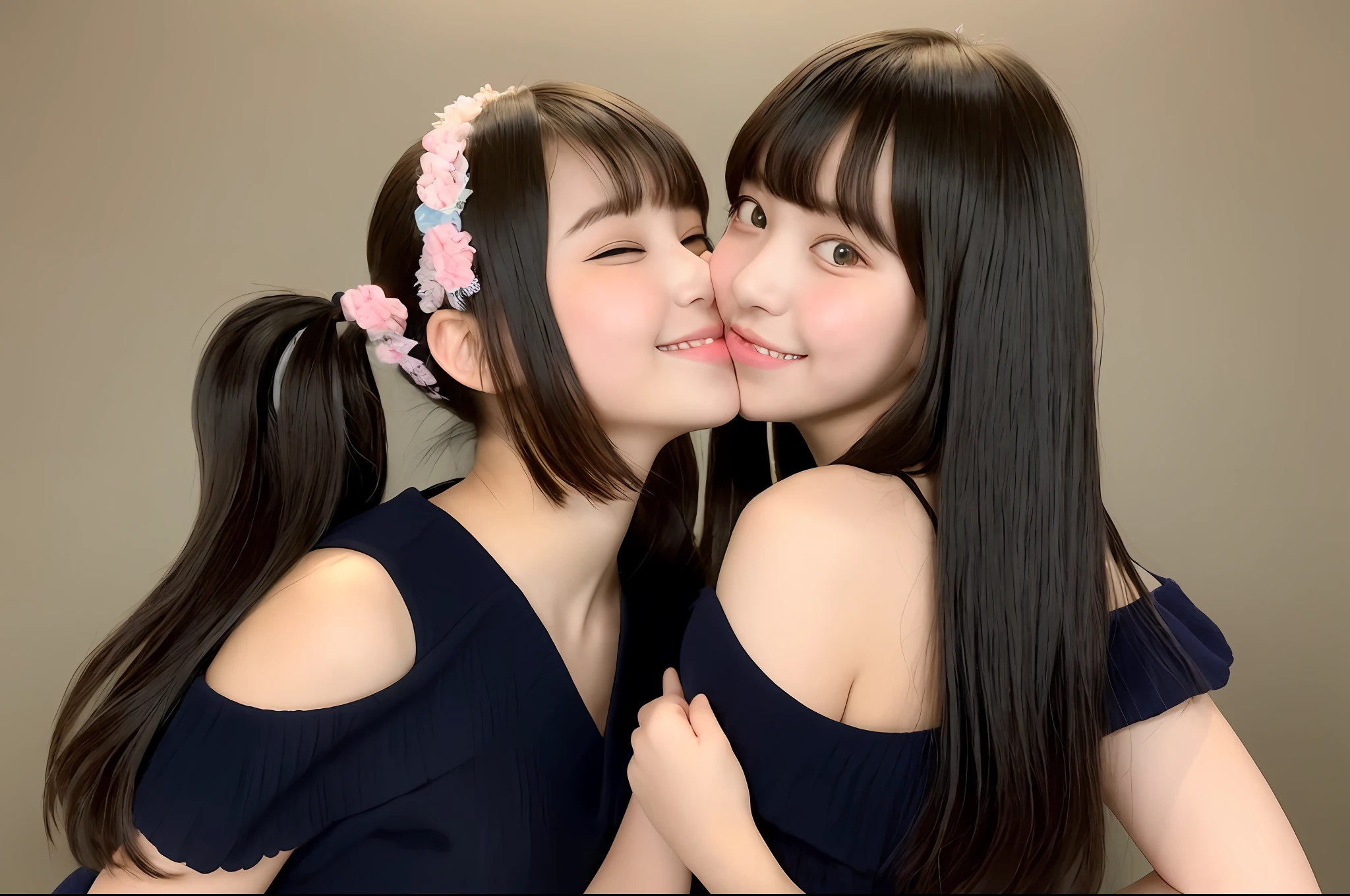 two young girls are posing for a picture in a studio, beautiful gemini twins portrait, portrait of two girls kissing, beautiful gemini twins, kissing together cutely, two beautiful anime girls, with a twin, twintails, nixeu and sakimichan, twintails hairstyle, two pigtails hairstyle, yoshitomo nara and aya takano