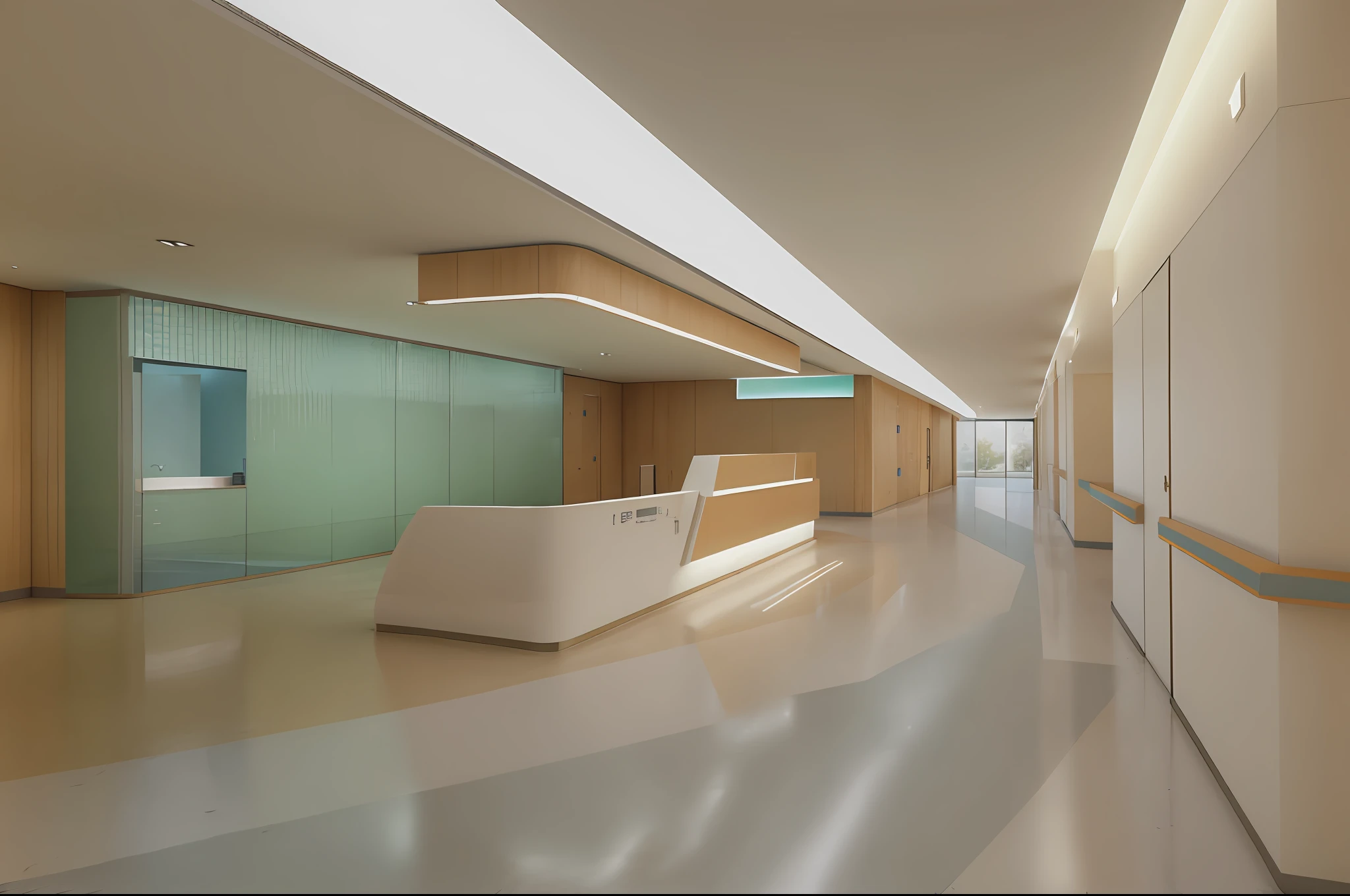 There is a long corridor, there is a reception desk and a large window, hospital interior, bright environment, textured, PVC floor material, medical research facilities, render with V-Ray, final render, render in Vray, digital render, headquarters render, render in POVray, high detail render, final render, architectural 3D rendering, render in Enscape, digital rendering, render in Vray, clean medical environment --auto --s2