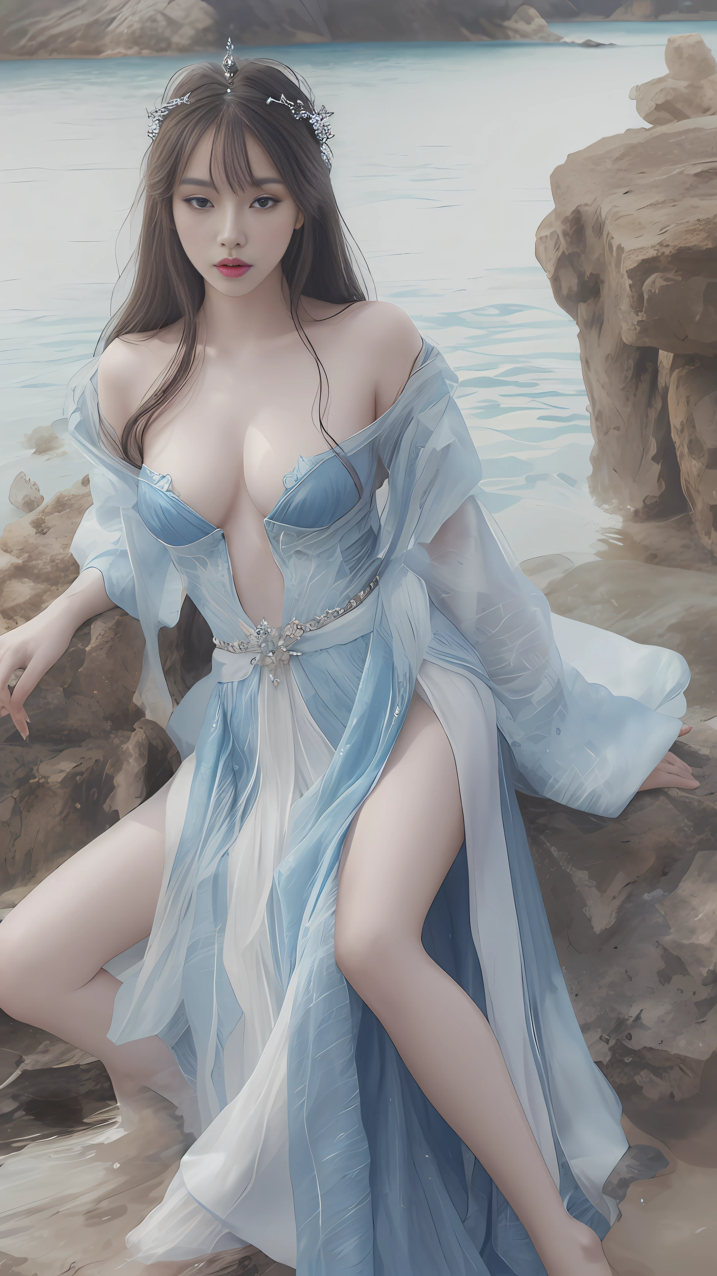 Arapei woman in blue dress sitting on a rock by the water, close-up fantasy with water magic, inspired by WLOP, ((beautiful fantasy queen)), in WLOP style, ethereal beauty, fantasy robes, white skin, beautiful fantasy queen, beautiful maiden, white skin, cute lazy princess, inspired by Lan Ying