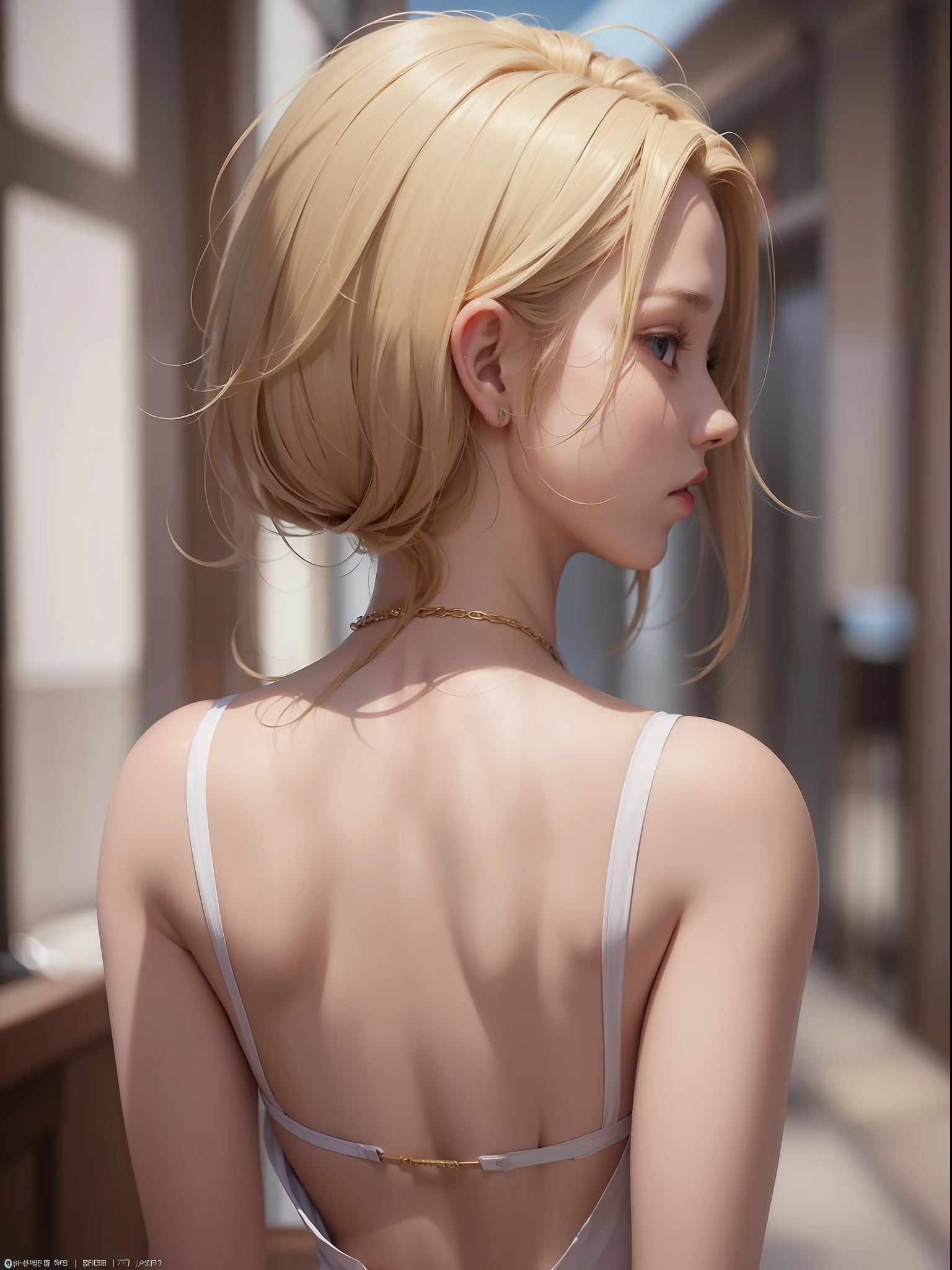 official art, unity 8k wallpaper, ultra detailed, beautiful and aesthetic, beautiful, masterpiece, best quality, a girl has beautiful face, looking at viewer, short blonde hair, back, back, hip , dress