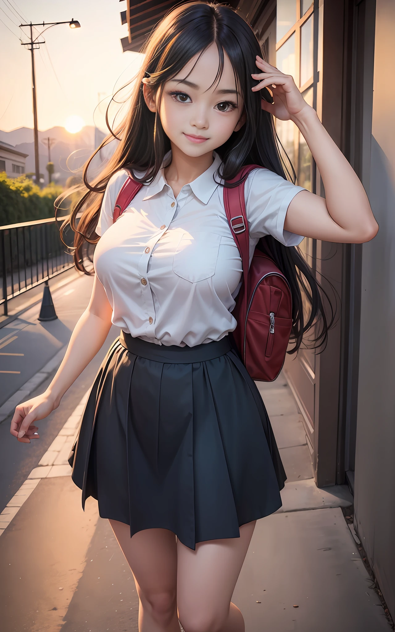 Best quality, illustration similar to best Ghibli, couple, full body, beautiful college girl, tall, sunset, youth, similar to Yuko Takeuchi and Waka Inoue, neat, long black hair, long skirt, first day of college, looking here, playful, big breasts, big ass, attractive, 19 years old, curious, smile, exploratory, eye-catching, dynamic, energetic, bright colors, exciting, exploring, active, fun, expressive, backpack, twin, various poses, various expressions,
