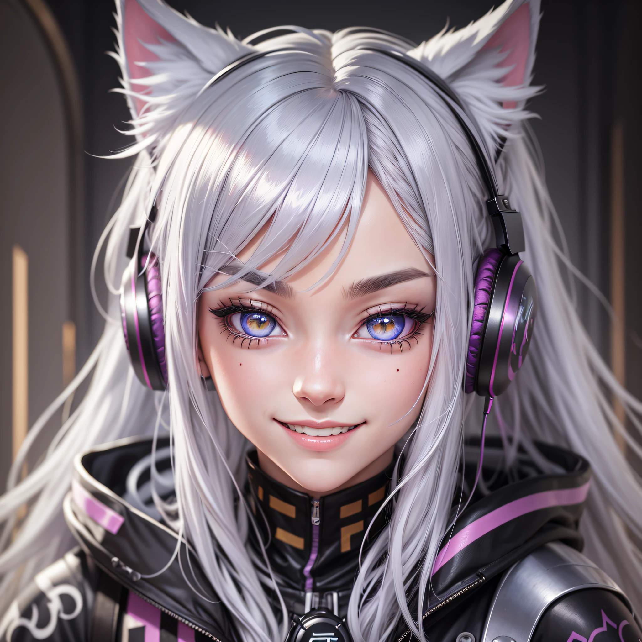 Silver hair, multicolored eyes, cat ear headphones, smile, depth of field, UHD, masterpiece, high resolution, textured skin, ccurate, high detail --auto --s2