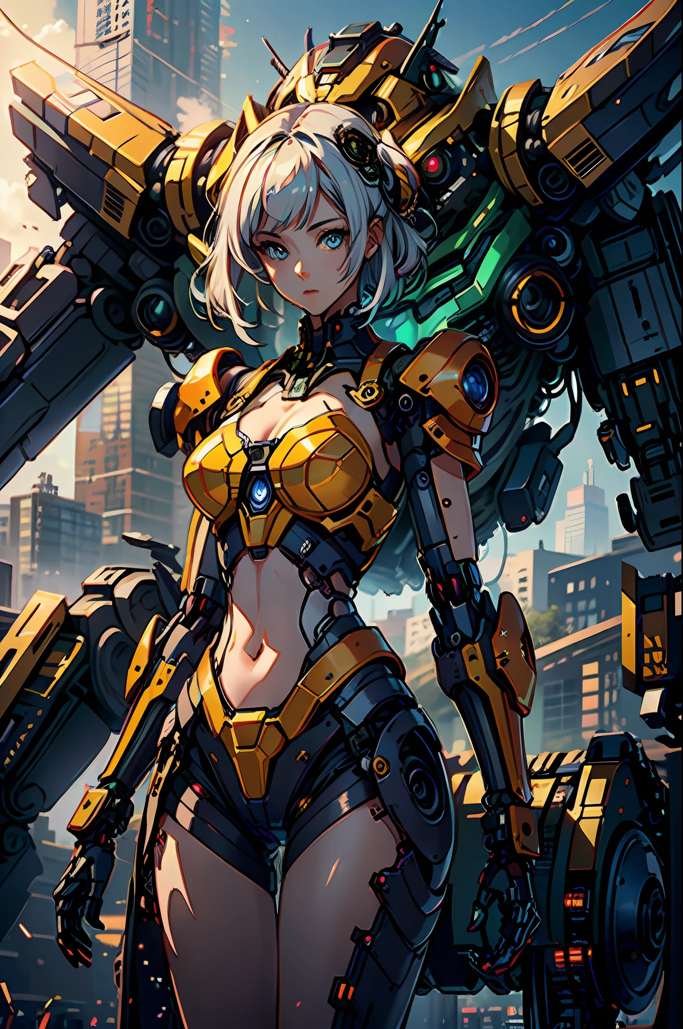 ((masterpiece, better quality)),illustration,ultra detailed 8k,photorealistic,sharp focus,very detailed,professional lighting,colorful details,iridescent colors BREAK extremely long plan of a factory,large mechanical robot construction,microchip,computer,glossy, intricate details,shitu-mecha,1girl stands next to Mecha, Gundam, navel, cute, sexy, eyes ultra detailed,